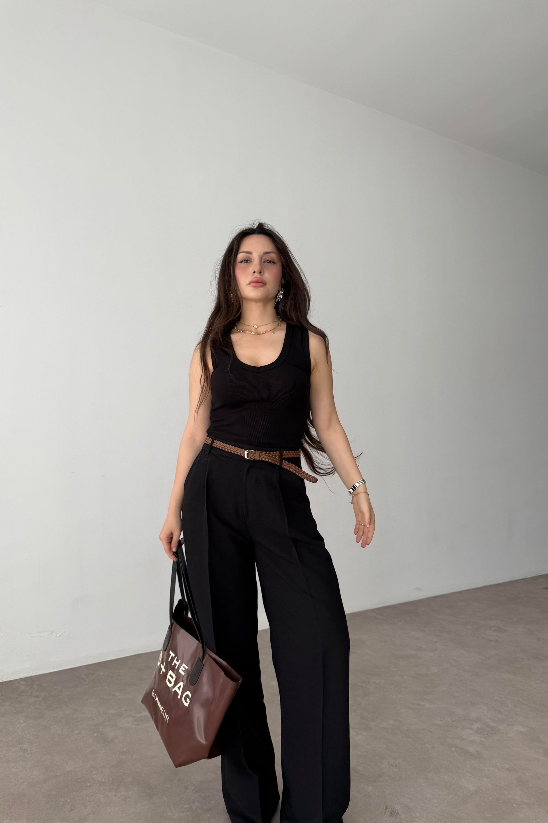Premium Kemerli Siyah Keten Pantolon