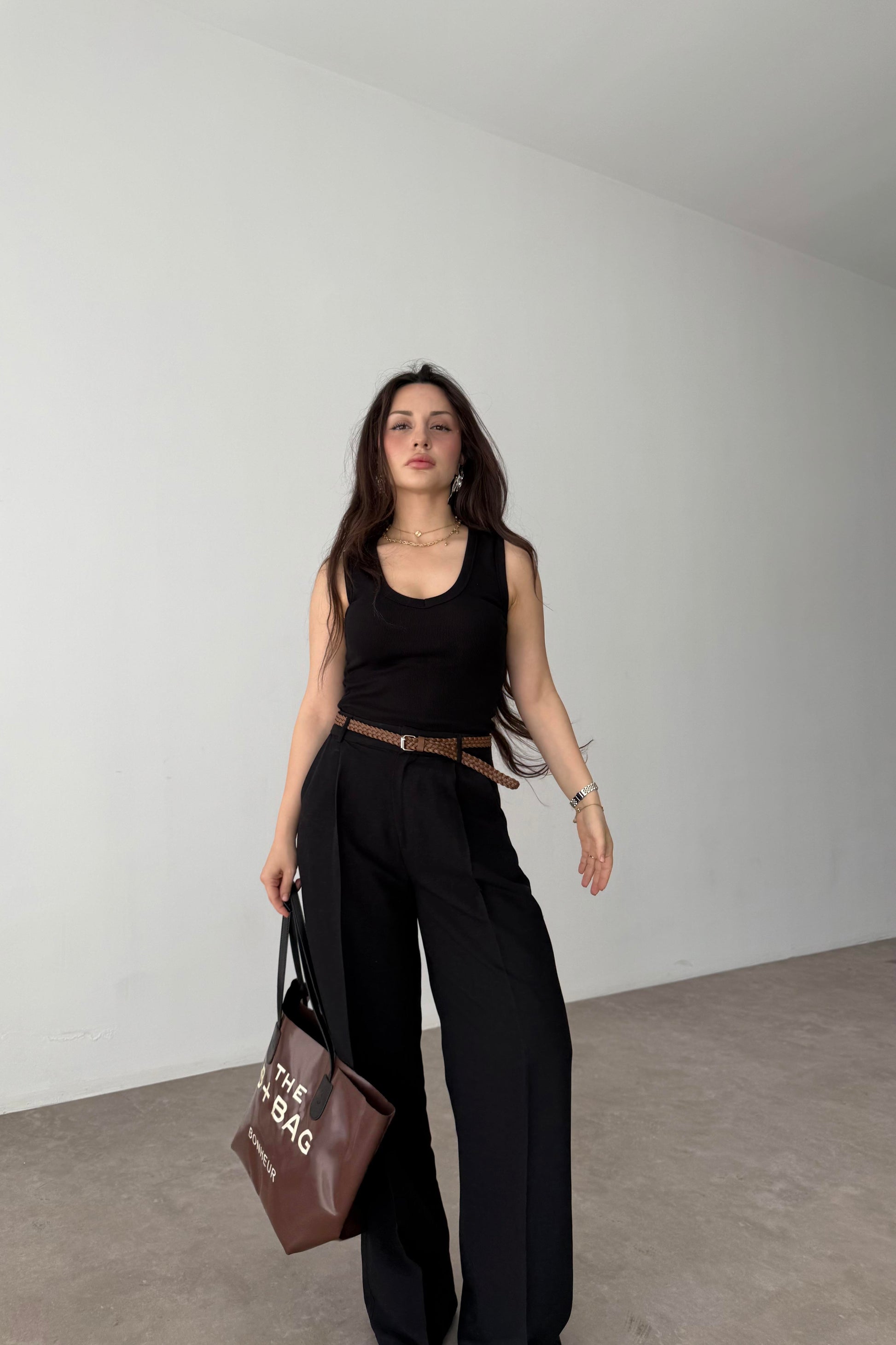 Premium Kemerli Siyah Keten Pantolon