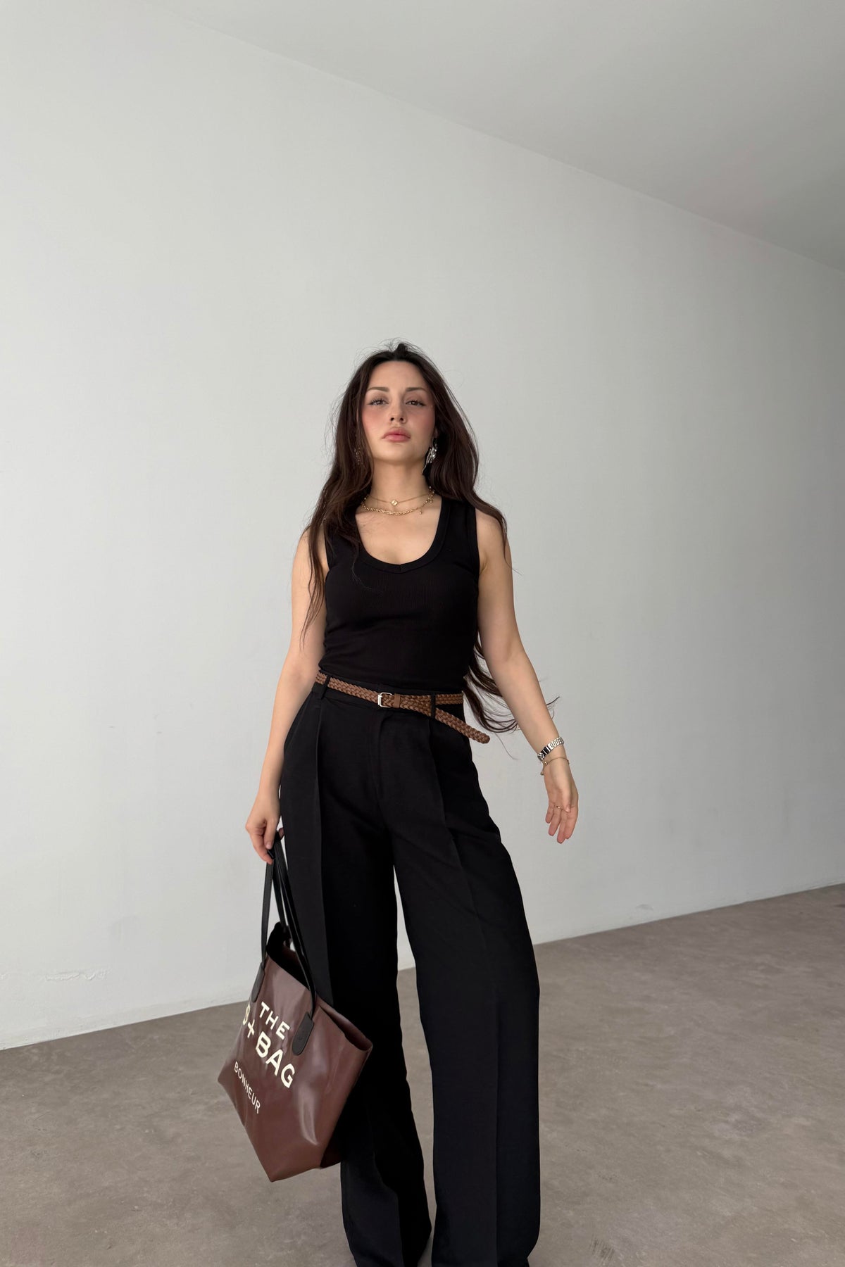 Premium Kemerli Siyah Keten Pantolon