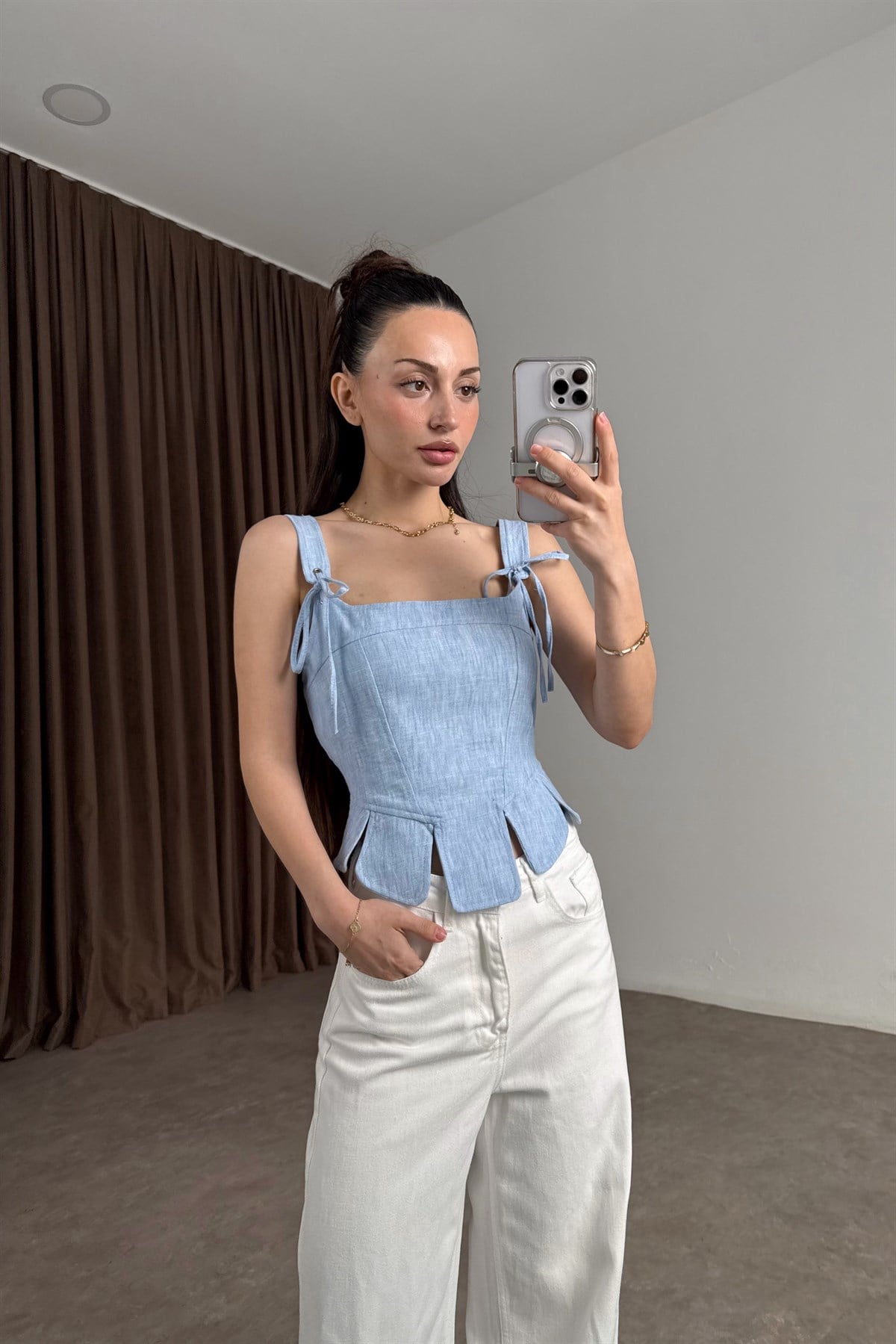 Premium Keten Pamuk Parçalı Mavi Korse Bluz