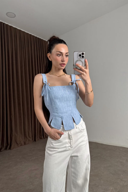 Premium Keten Pamuk Parçalı Mavi Korse Bluz