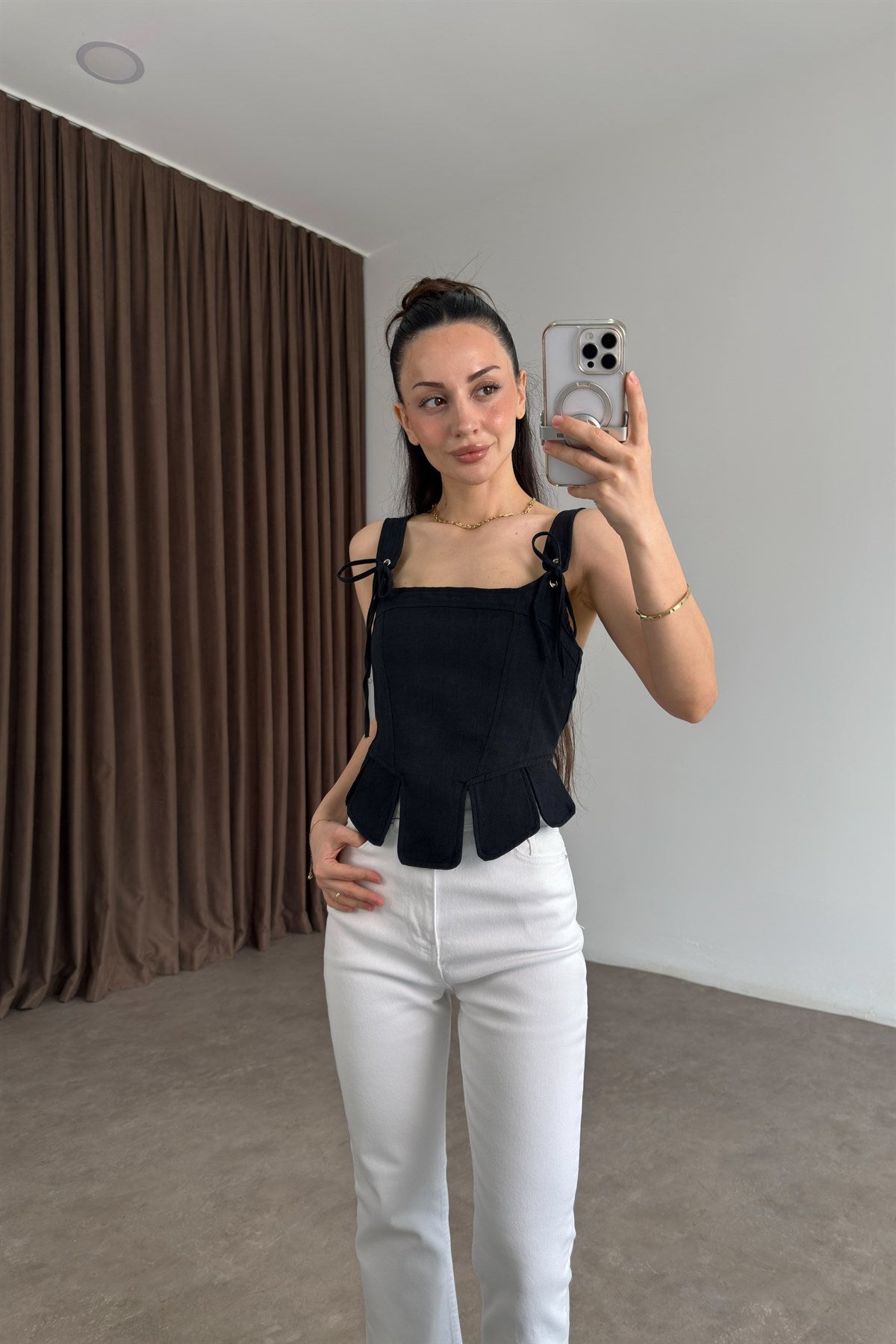 Premium Keten Pamuk Parçalı Siyah Korse Bluz