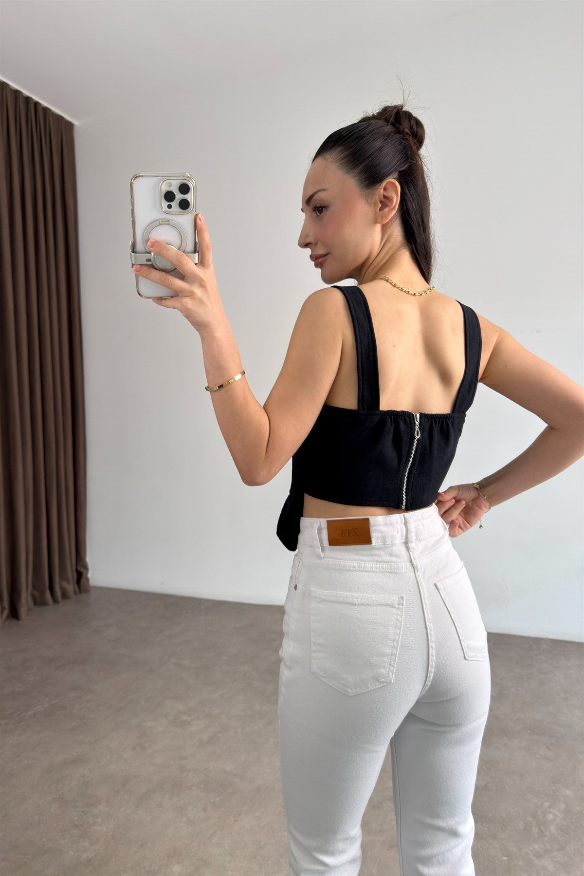 Premium Keten Pamuk Parçalı Siyah Korse Bluz