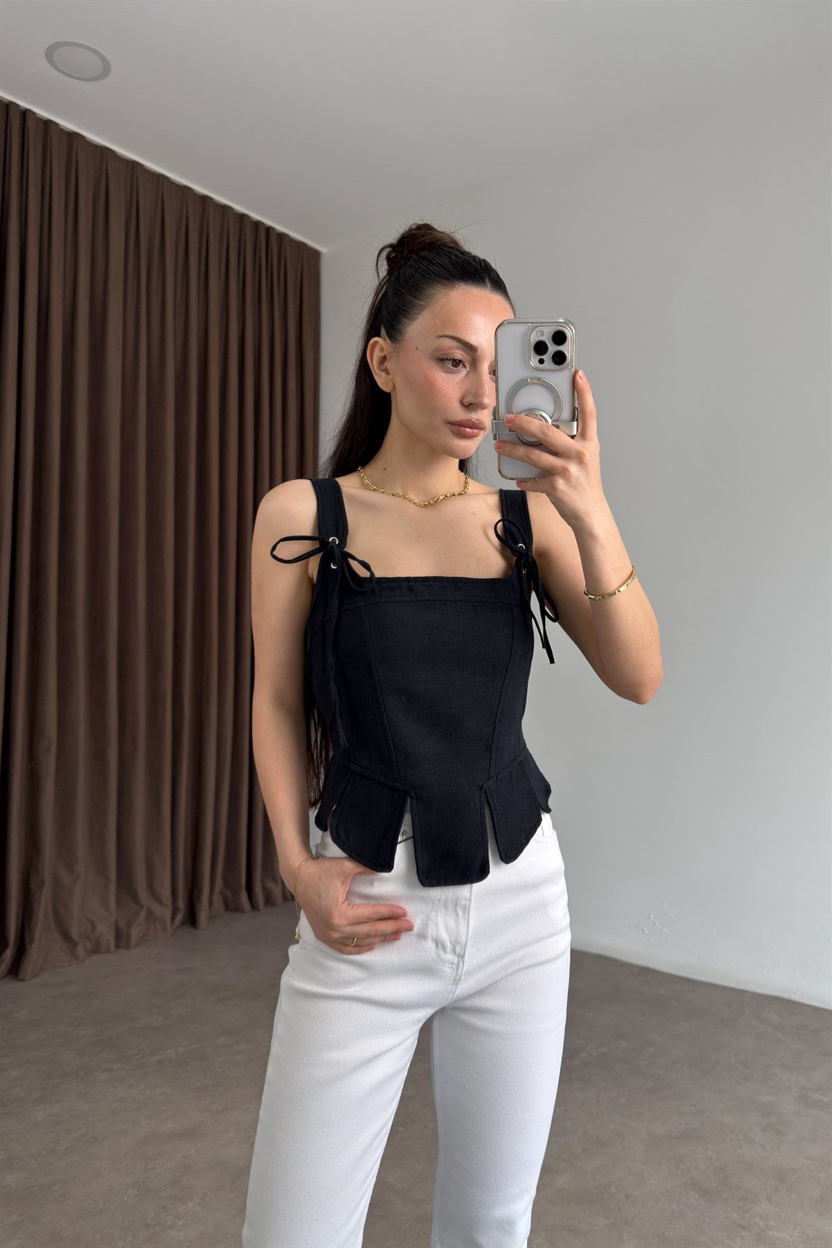 Premium Keten Pamuk Parçalı Siyah Korse Bluz