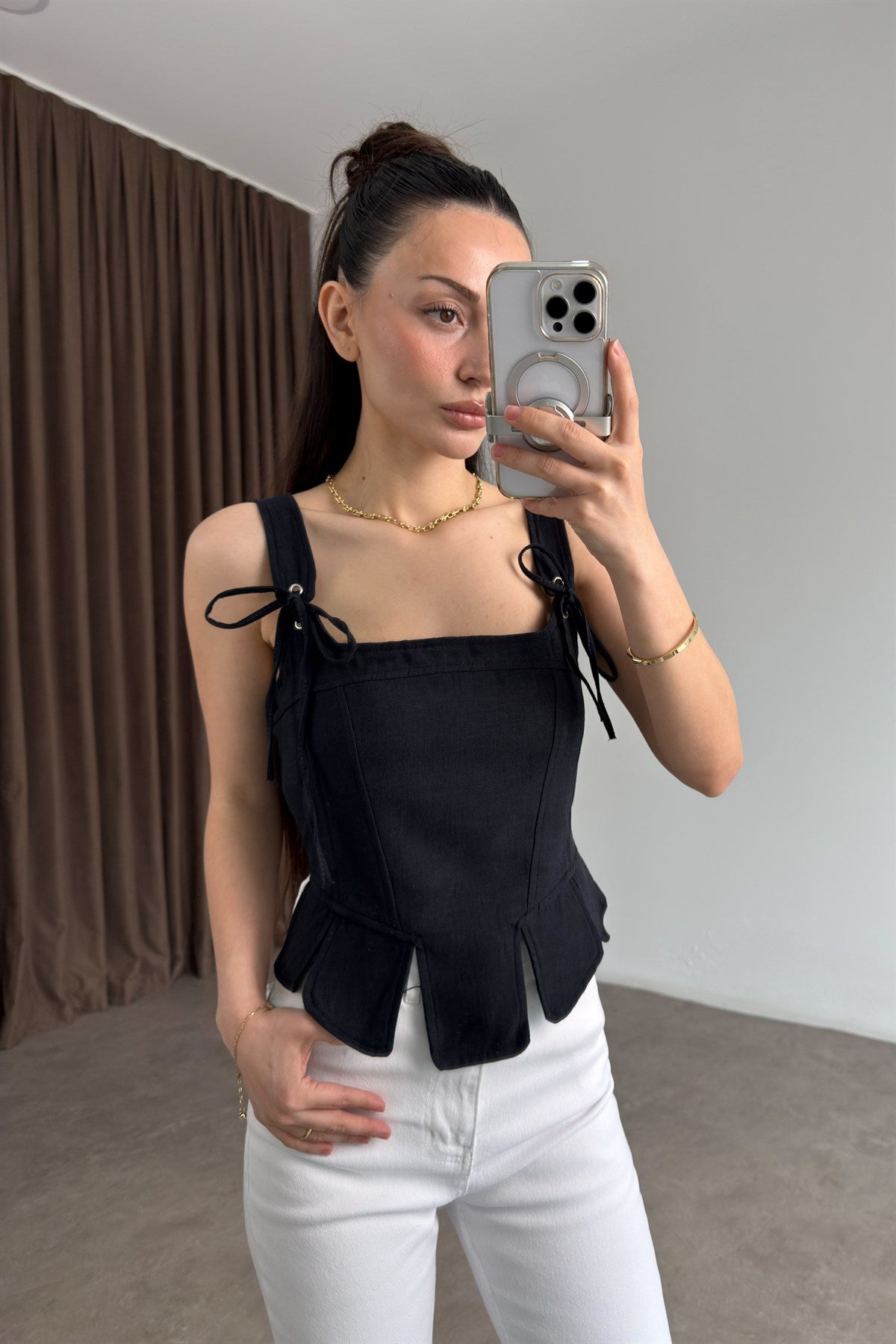 Premium Keten Pamuk Parçalı Siyah Korse Bluz