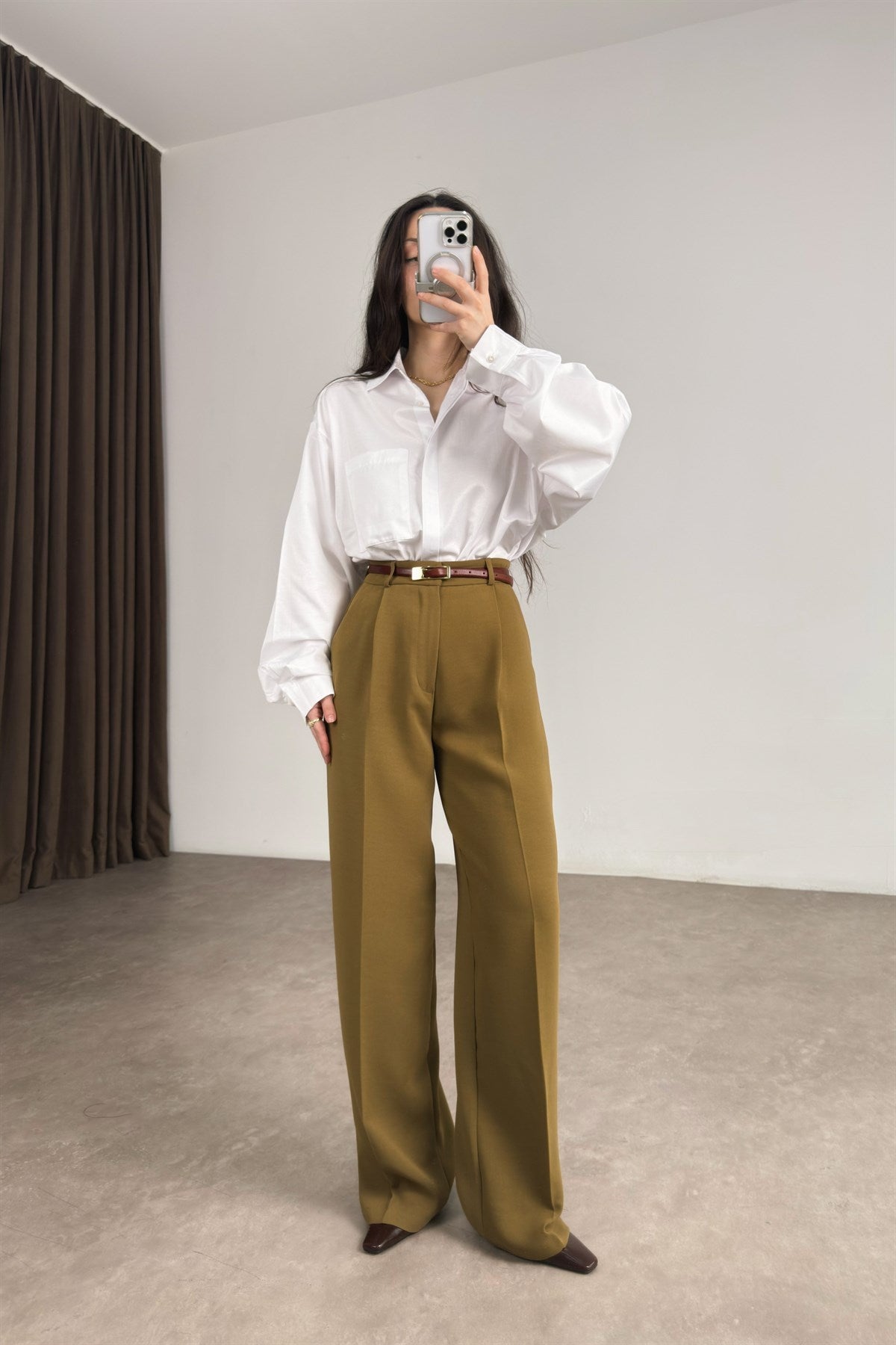 Premium Krep Kumaş Pensli Olive Palazzo Pantolon