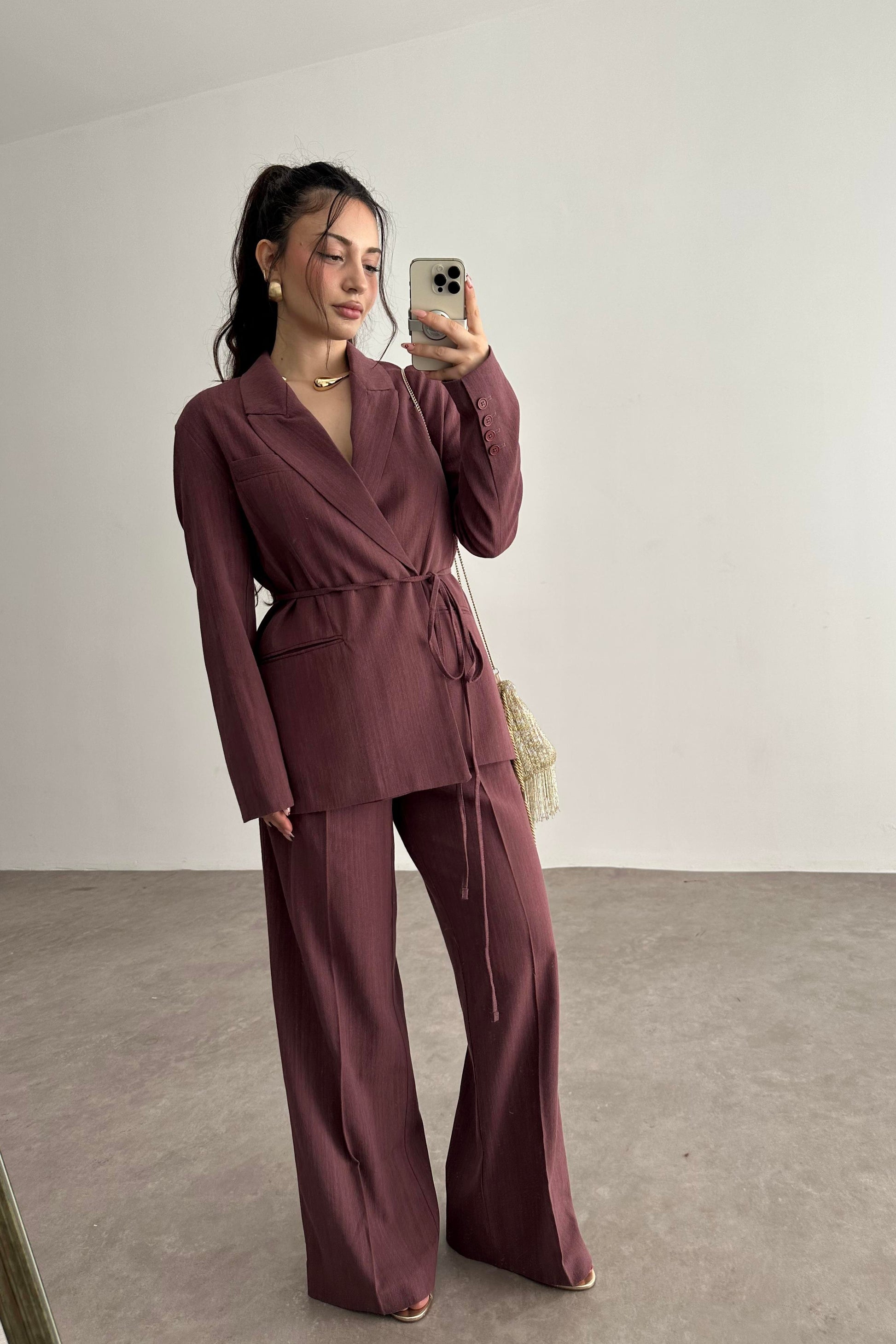 Premium Kruvaze Bağlama Detaylı Ceket Pantolon Takım Mürdüm