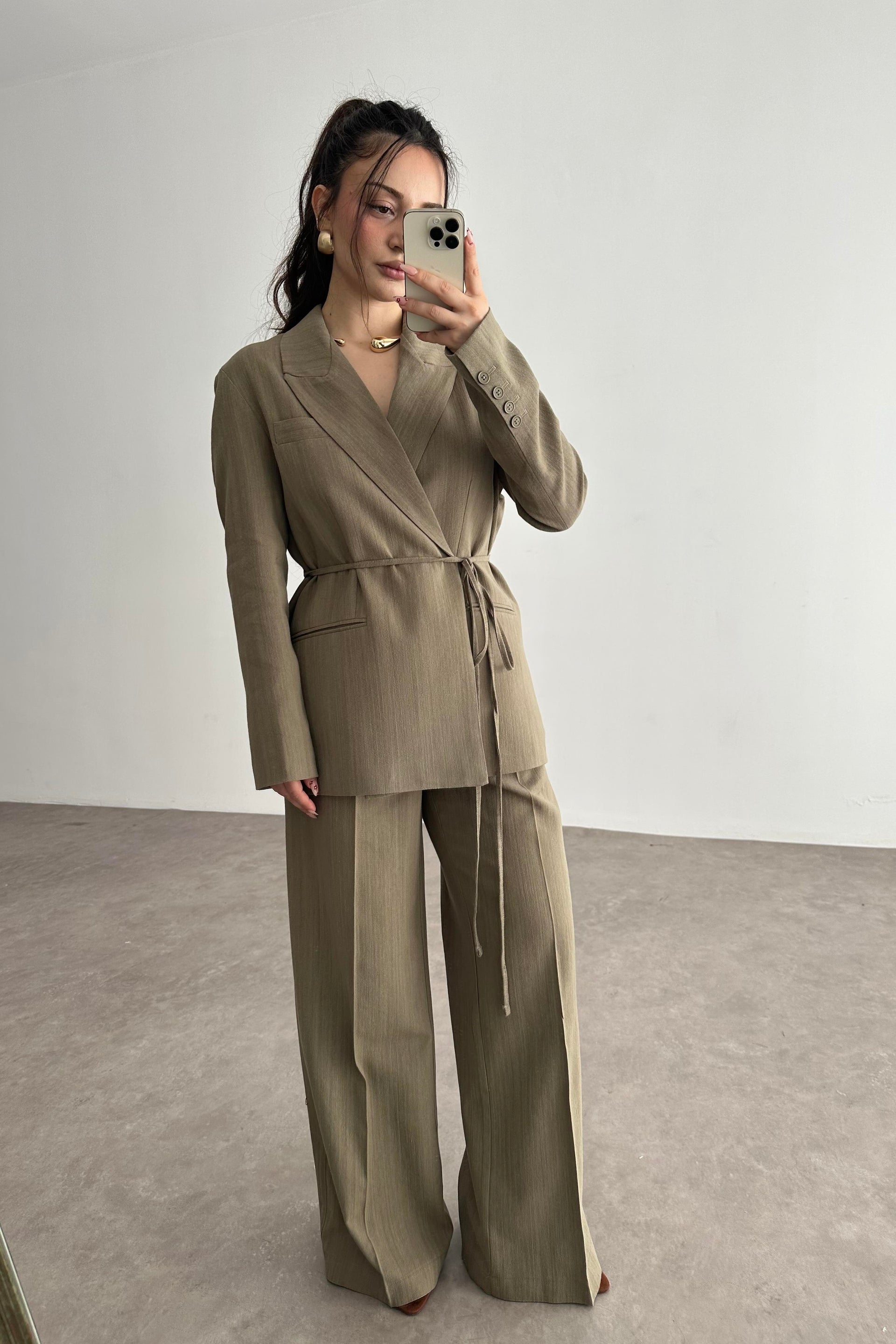 Premium Kruvaze Bağlama Detaylı Ceket Pantolon Takım Olive
