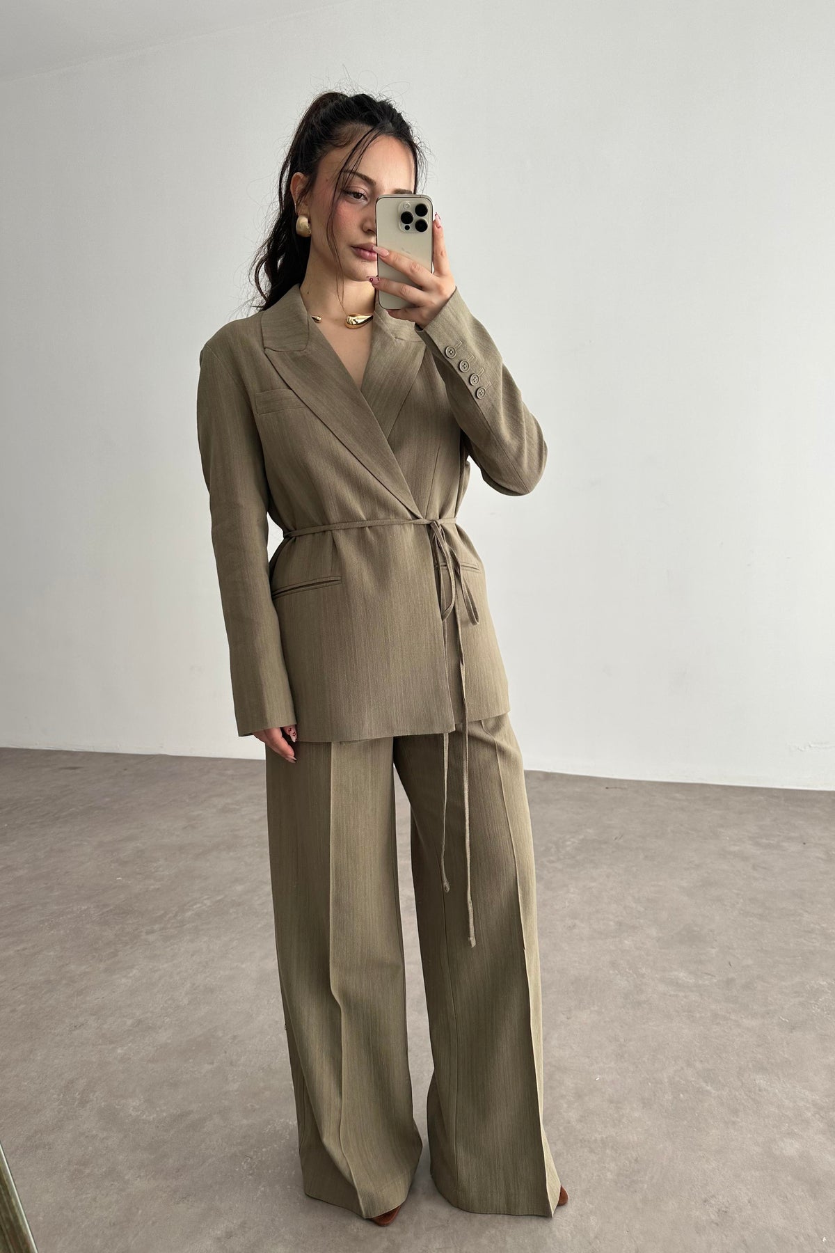 Premium Kruvaze Bağlama Detaylı Ceket Pantolon Takım Olive