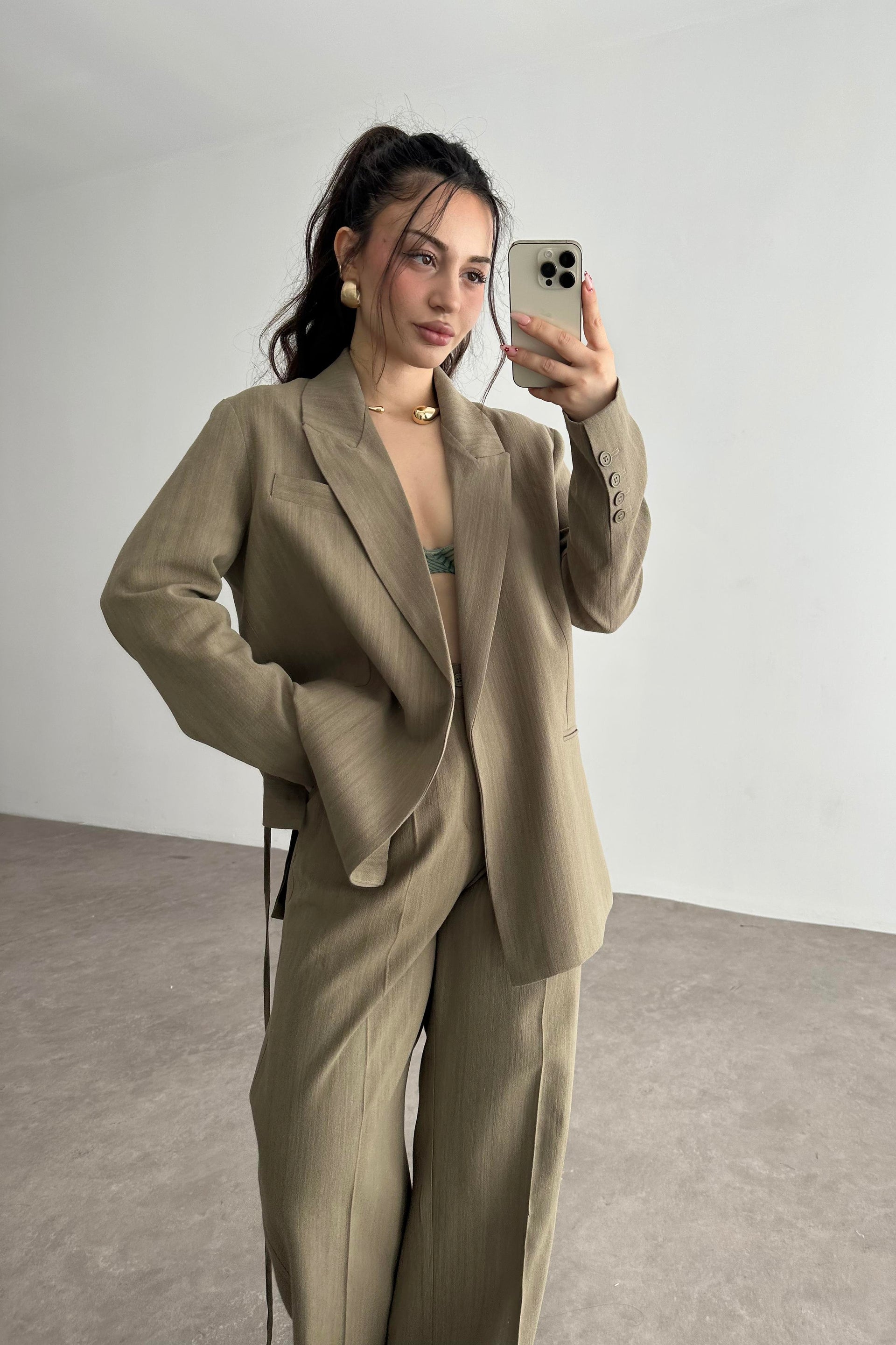 Premium Kruvaze Bağlama Detaylı Ceket Pantolon Takım Olive