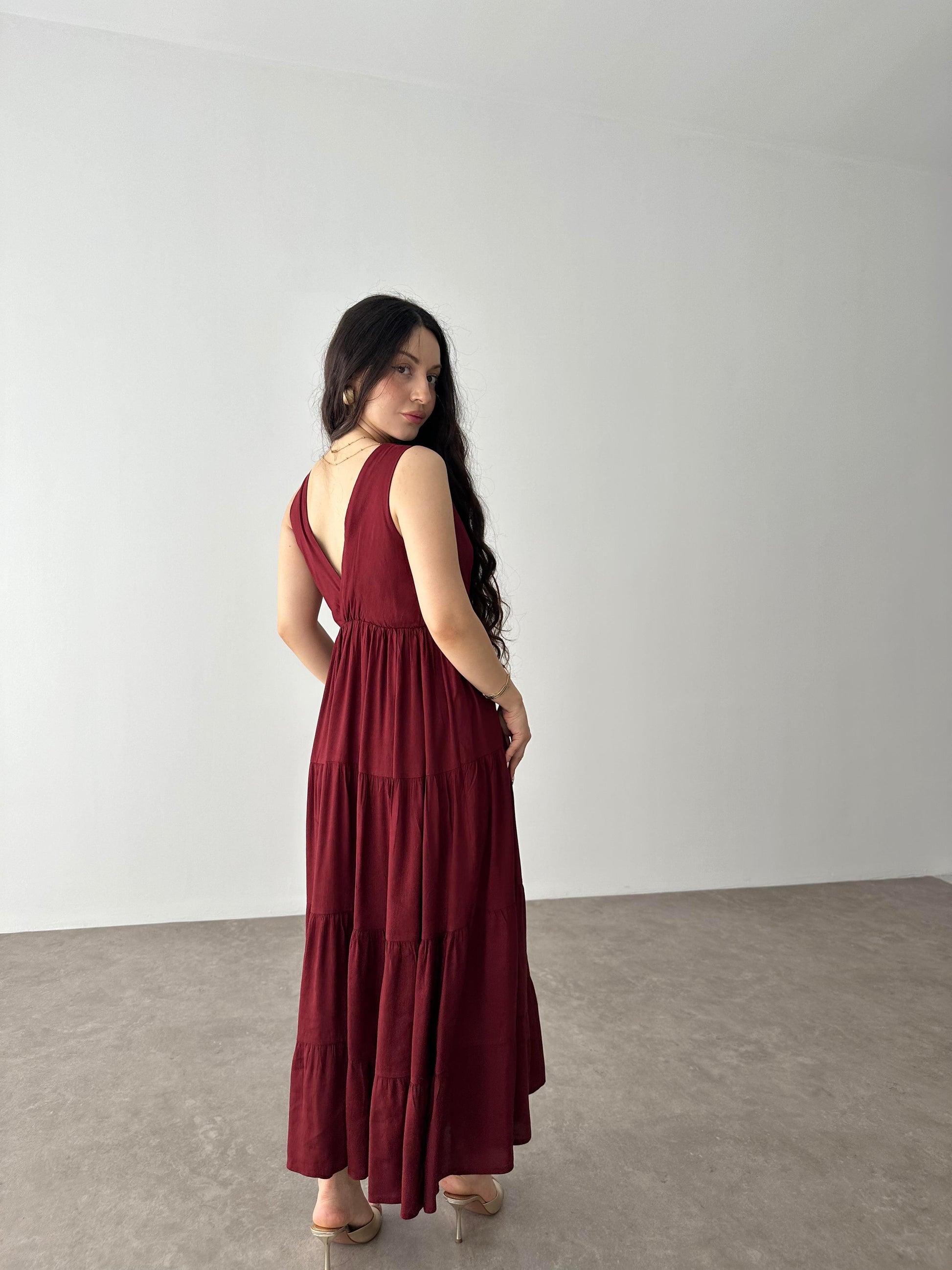 Premium Kruvaze Yaka Bordo Uzun Elbise