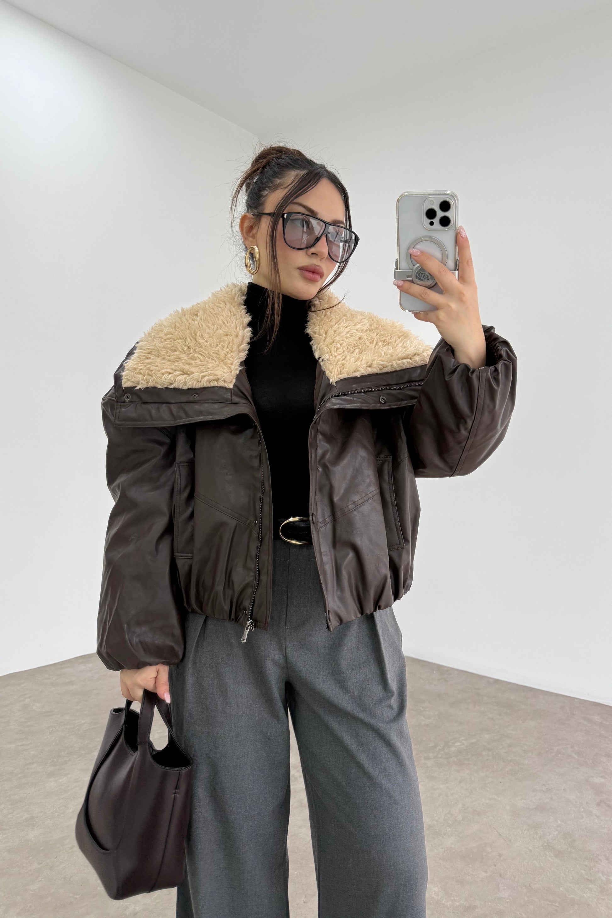 Premium Kürk Yakalı Kahve Bomber Mont