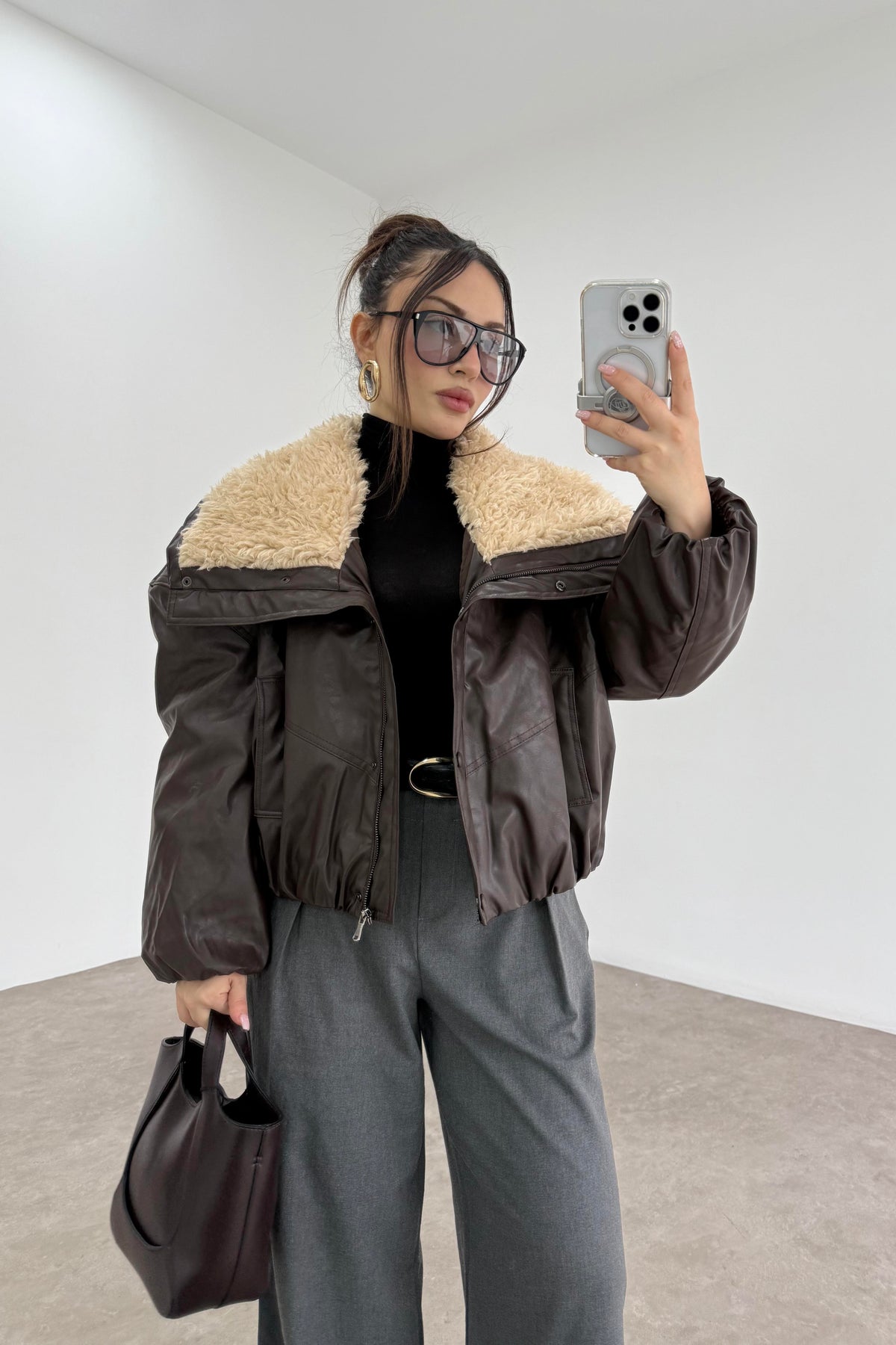 Premium Kürk Yakalı Kahve Bomber Mont