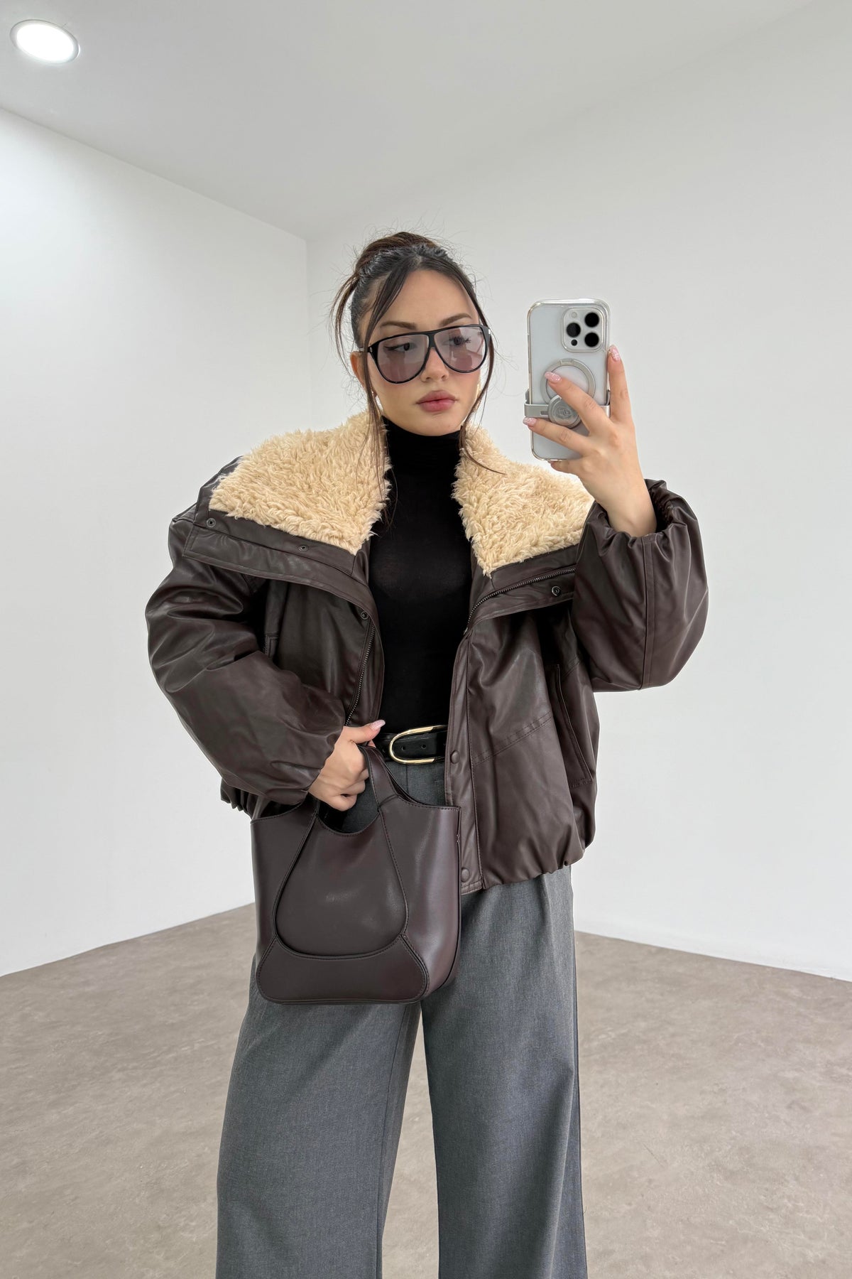 Premium Kürk Yakalı Kahve Bomber Mont
