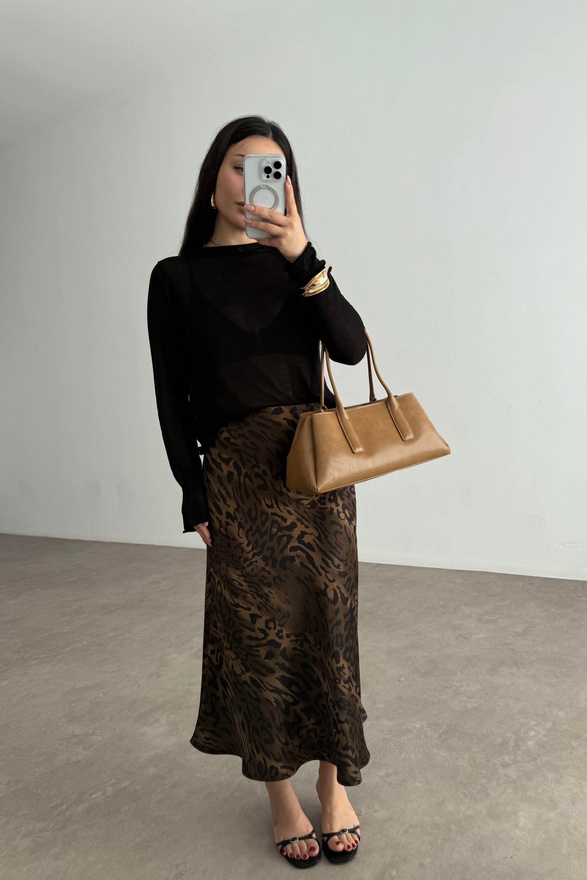 Premium Leopar Desenli Tok Saten Midi Etek