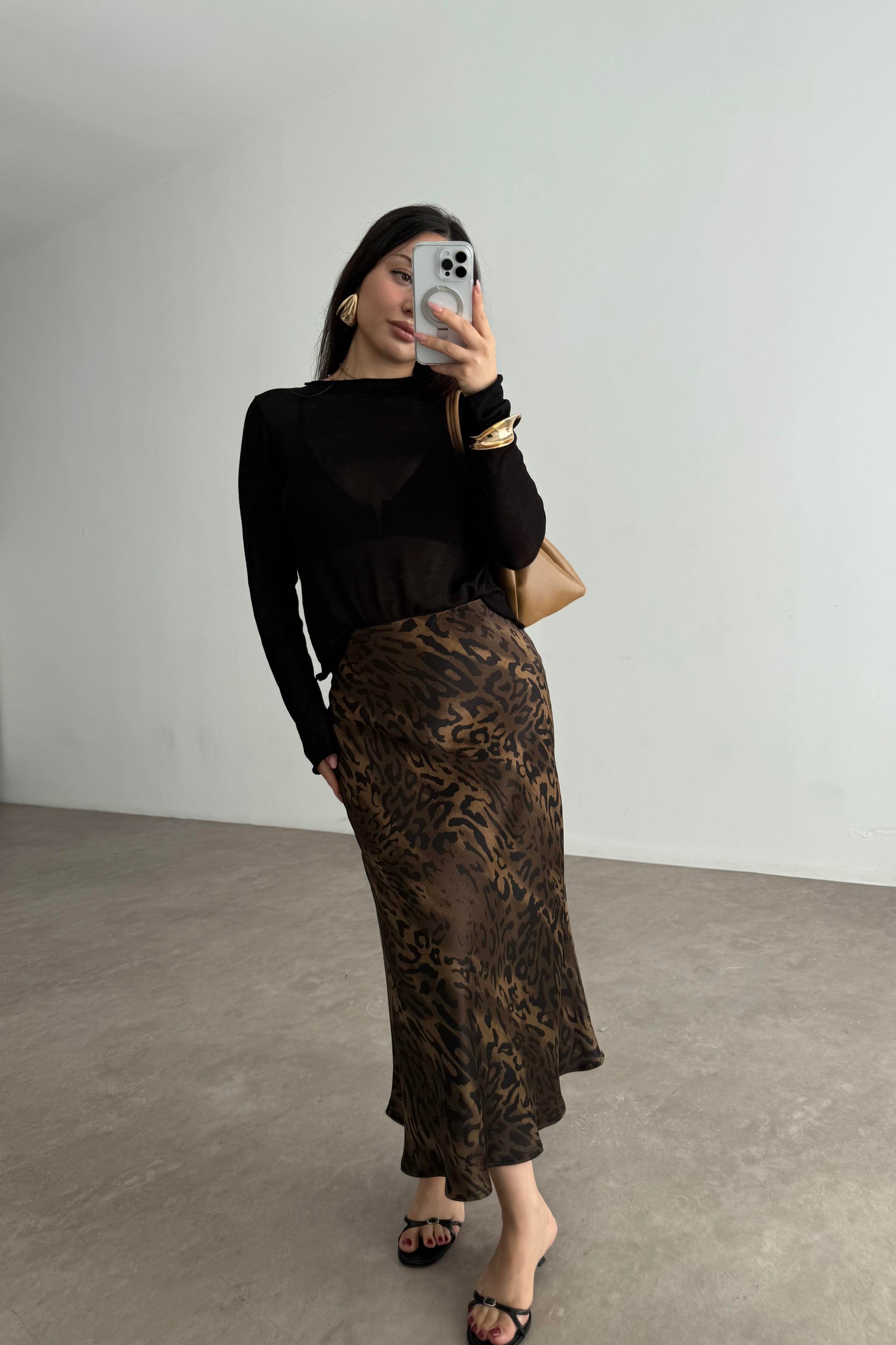Premium Leopar Desenli Tok Saten Midi Etek