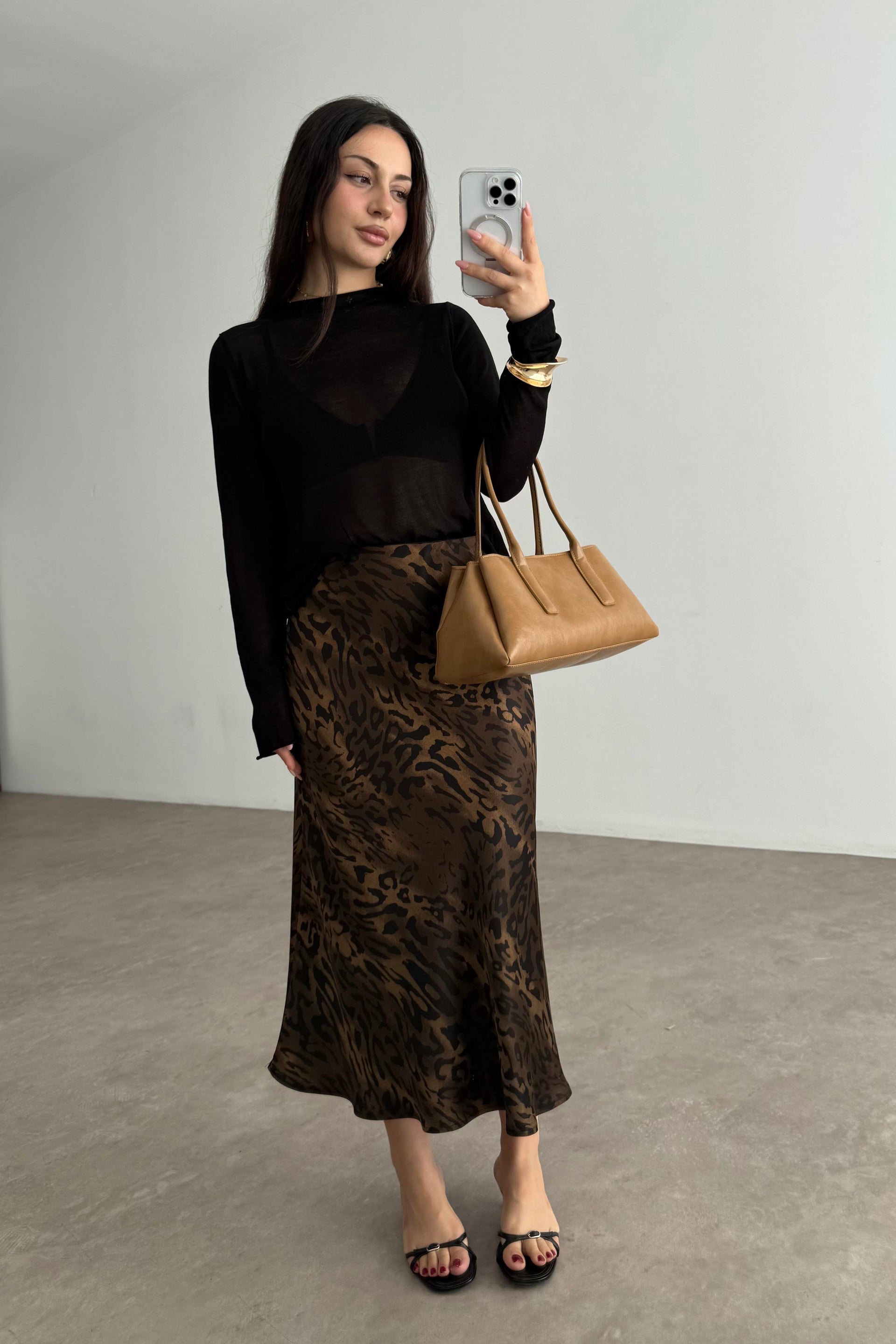 Premium Leopar Desenli Tok Saten Midi Etek