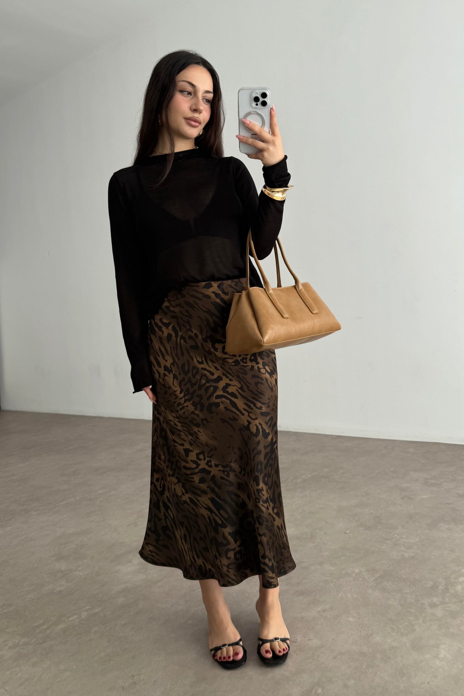 Premium Leopar Desenli Tok Saten Midi Etek