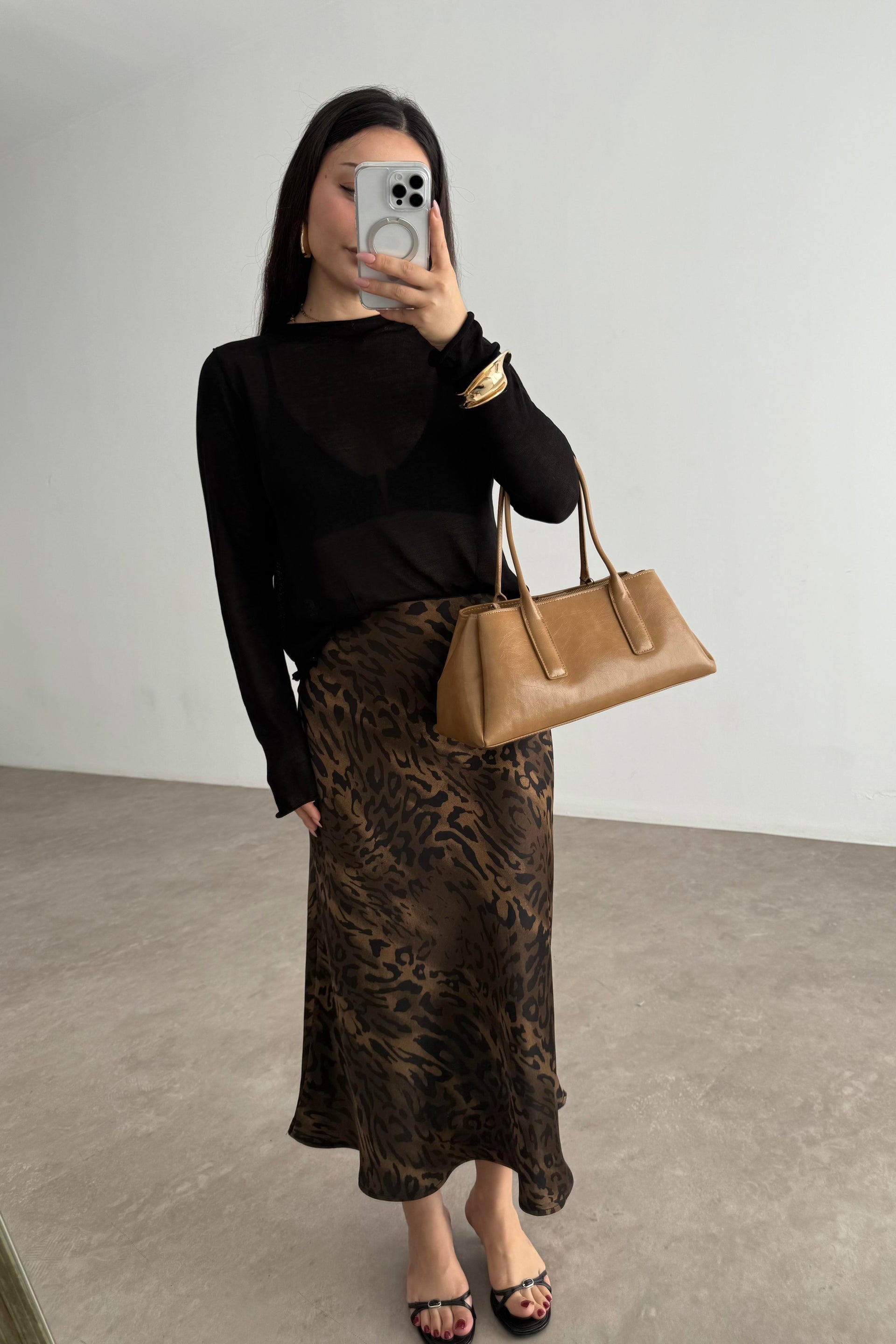 Premium Leopar Desenli Tok Saten Midi Etek