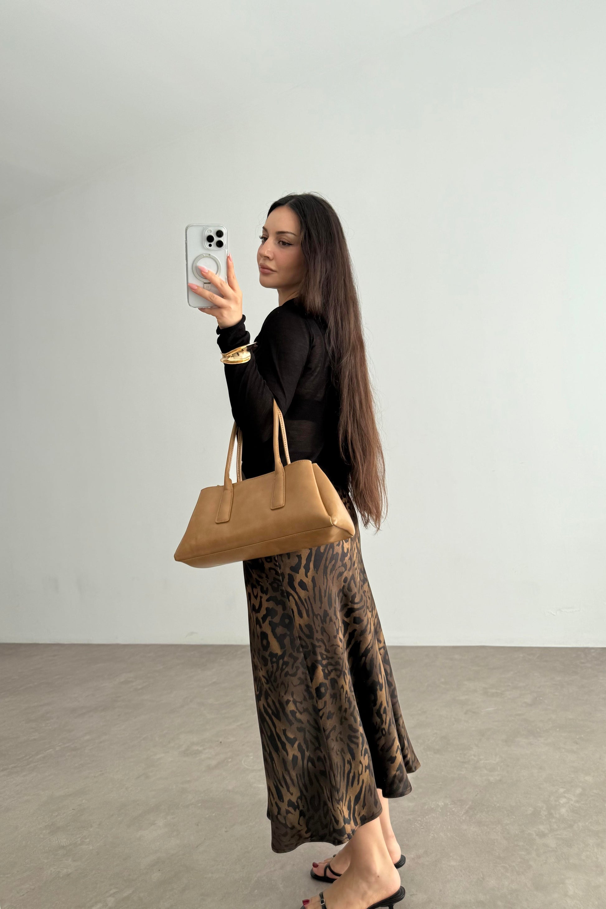 Premium Leopar Desenli Tok Saten Midi Etek