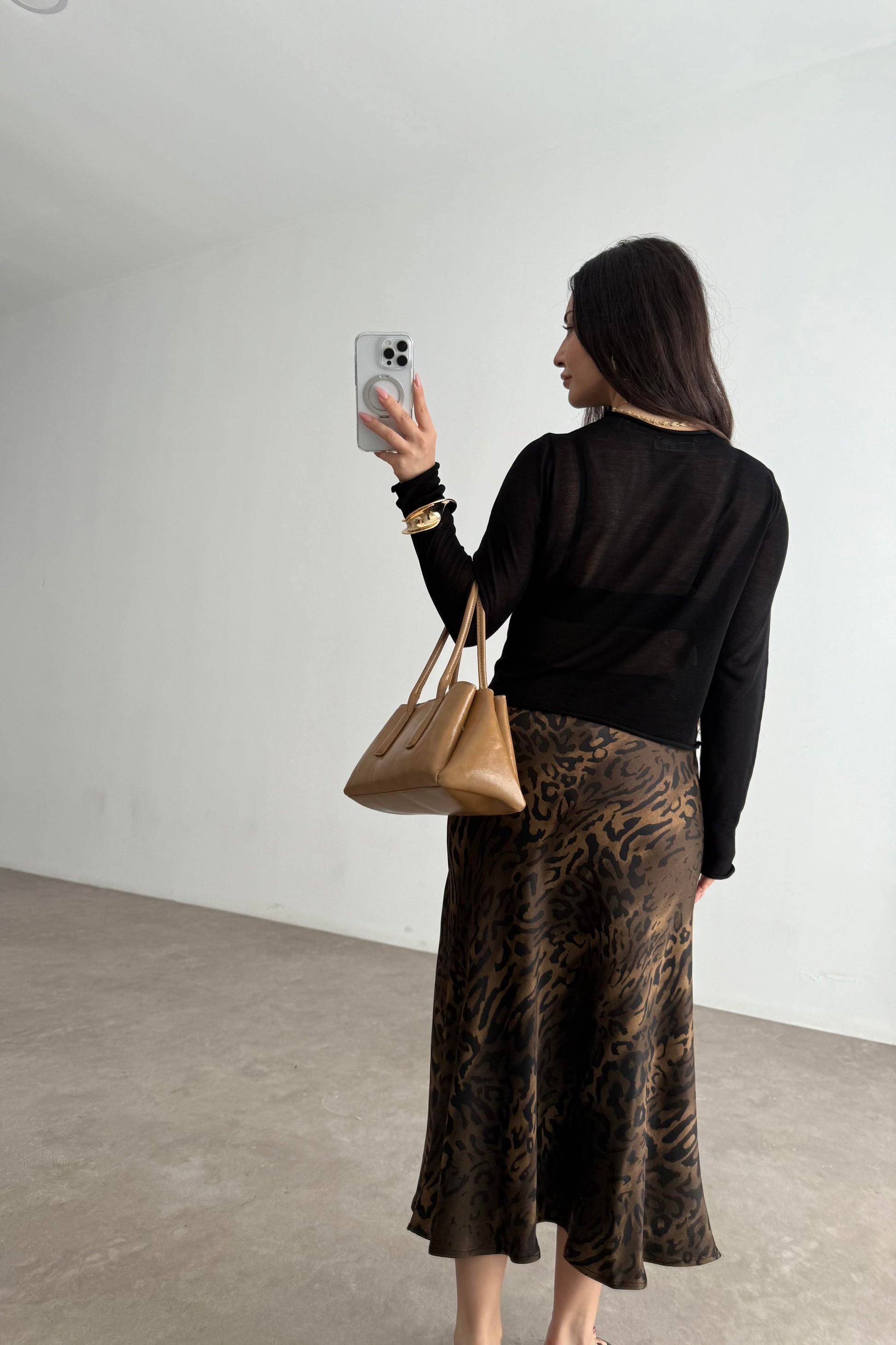 Premium Leopar Desenli Tok Saten Midi Etek