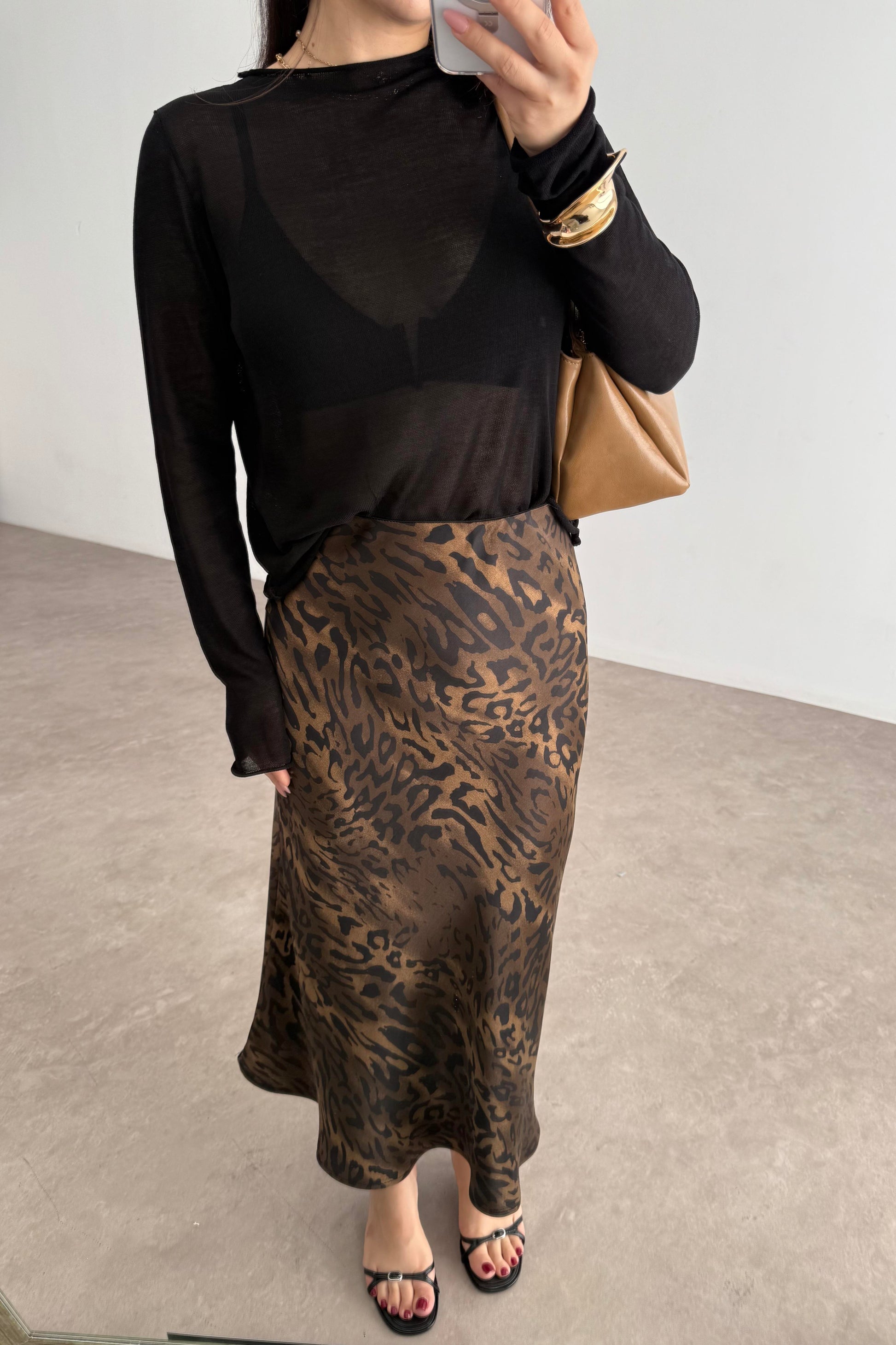 Premium Leopar Desenli Tok Saten Midi Etek