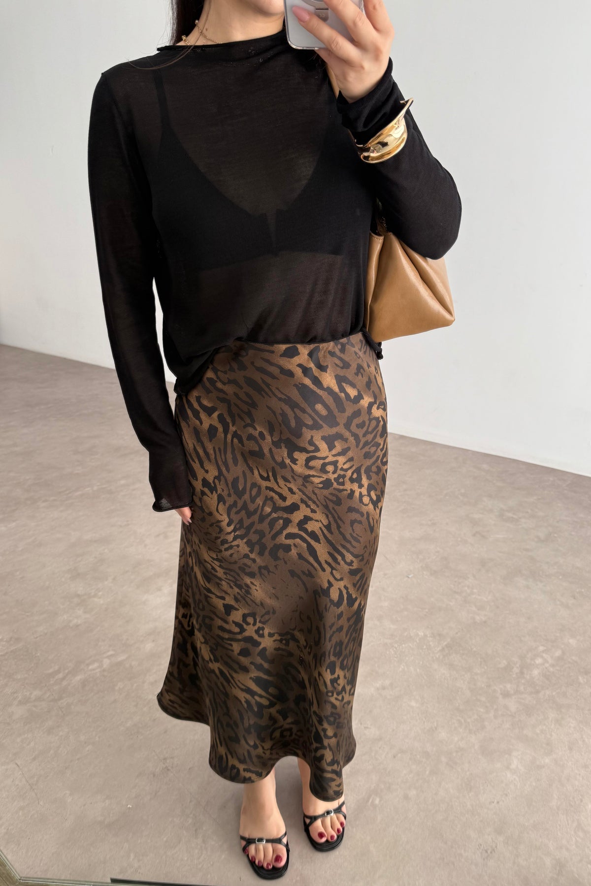 Premium Leopar Desenli Tok Saten Midi Etek