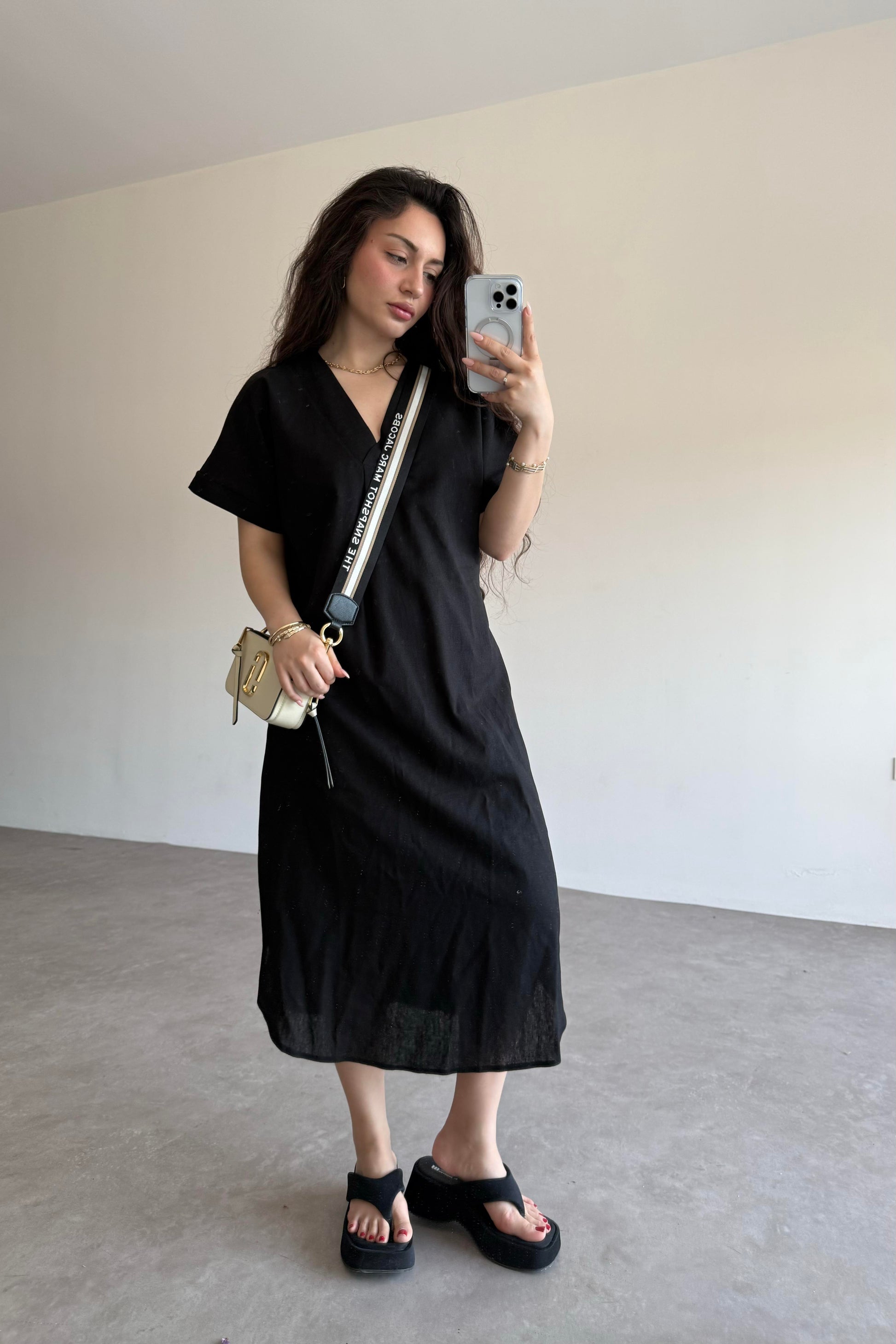 Premium Linen Keten Elbise Siyah