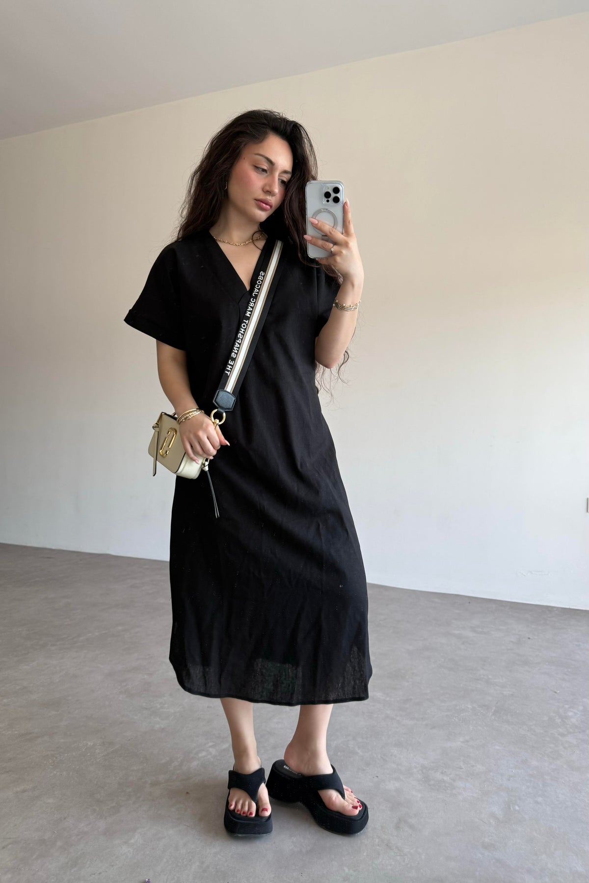 Premium Linen Keten Elbise Siyah
