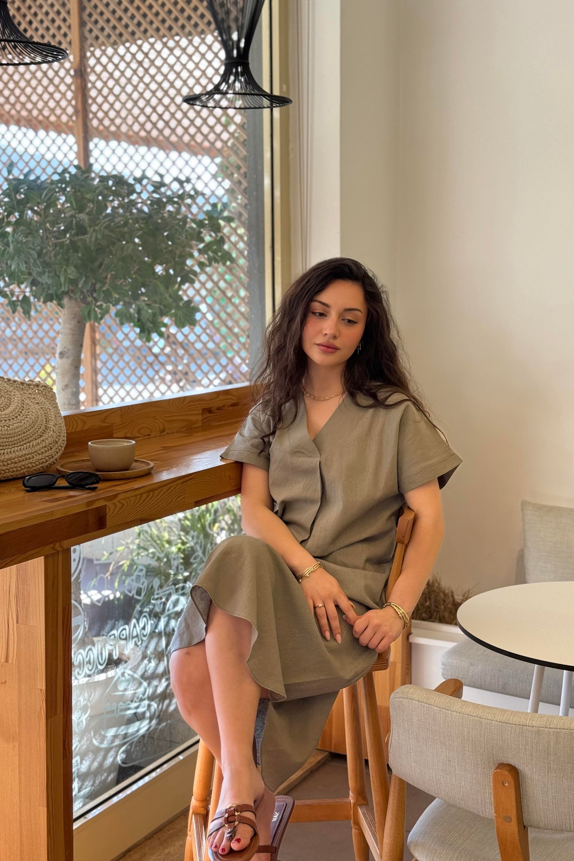 Premium Linen Keten Elbise Vizon