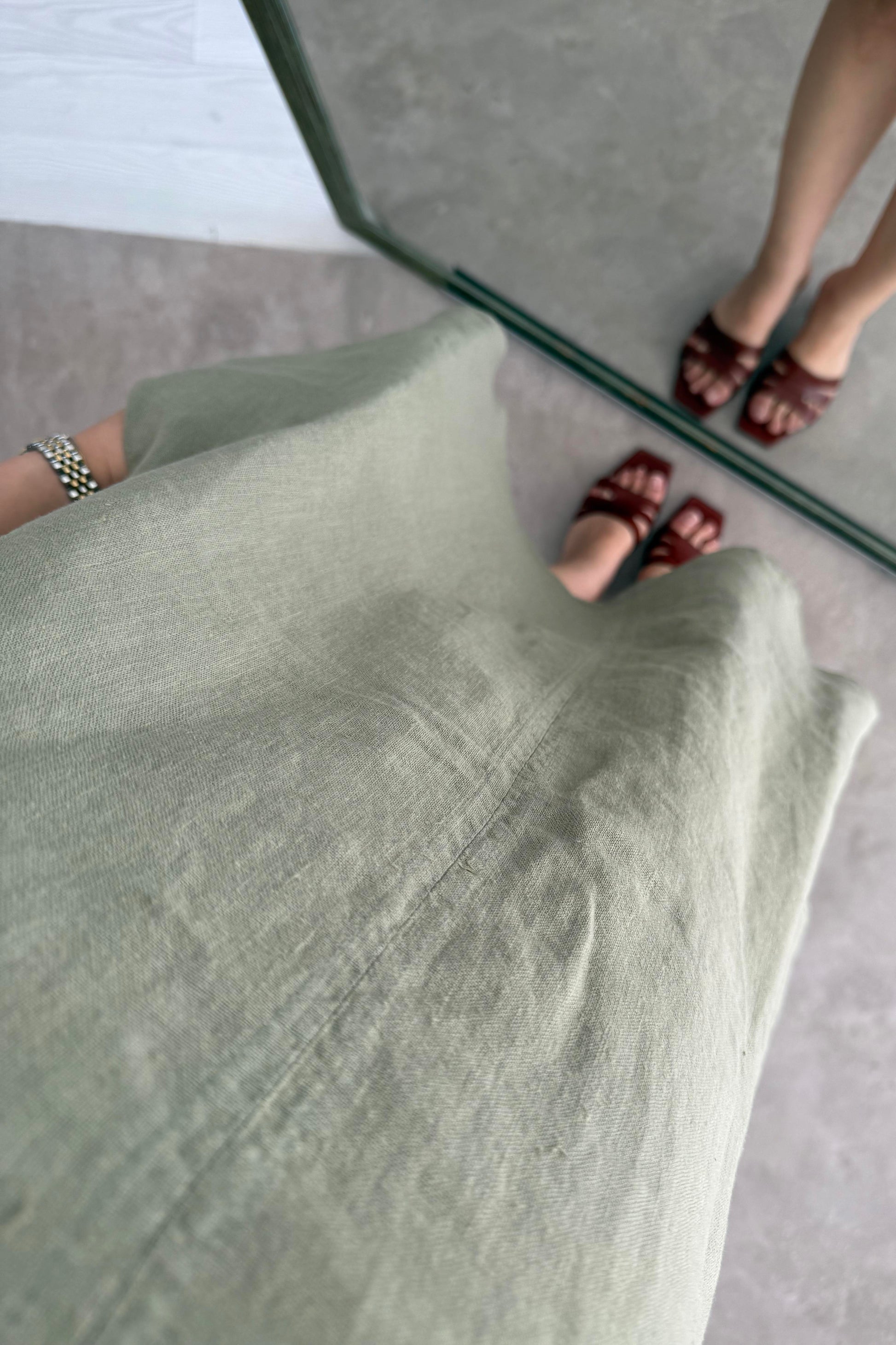 Premium Linen Keten Sıfır Kol Haki Elbise