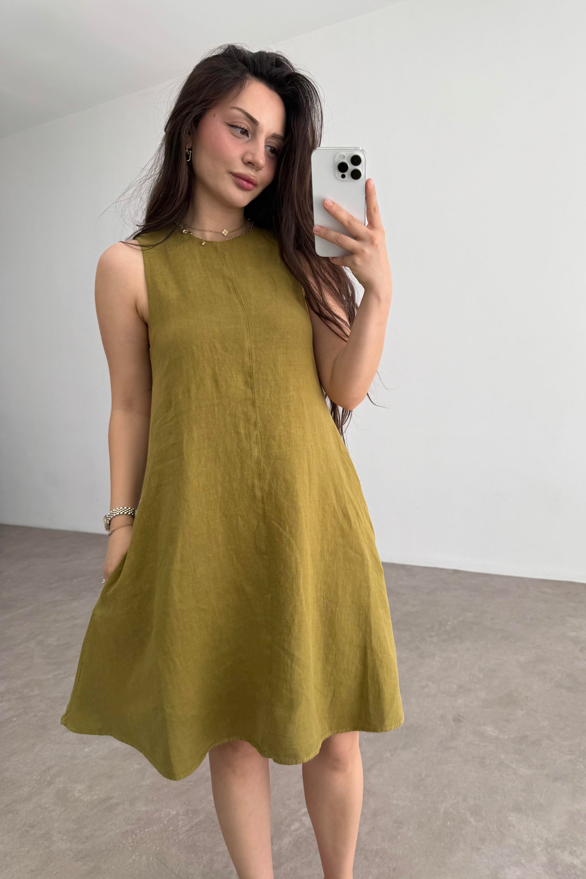 Premium Linen Keten Sıfır Kol Yağ Yeşili Elbise
