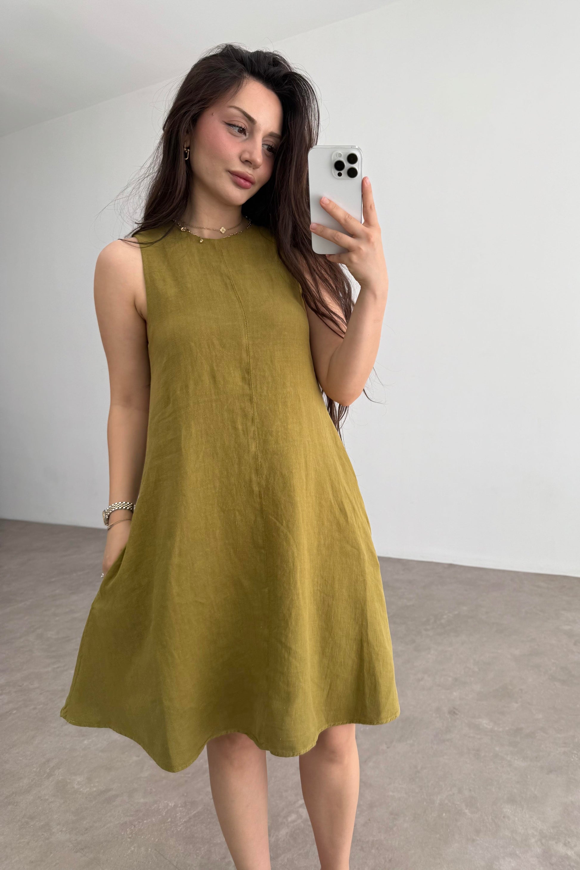 Premium Linen Keten Sıfır Kol Yağ Yeşili Elbise