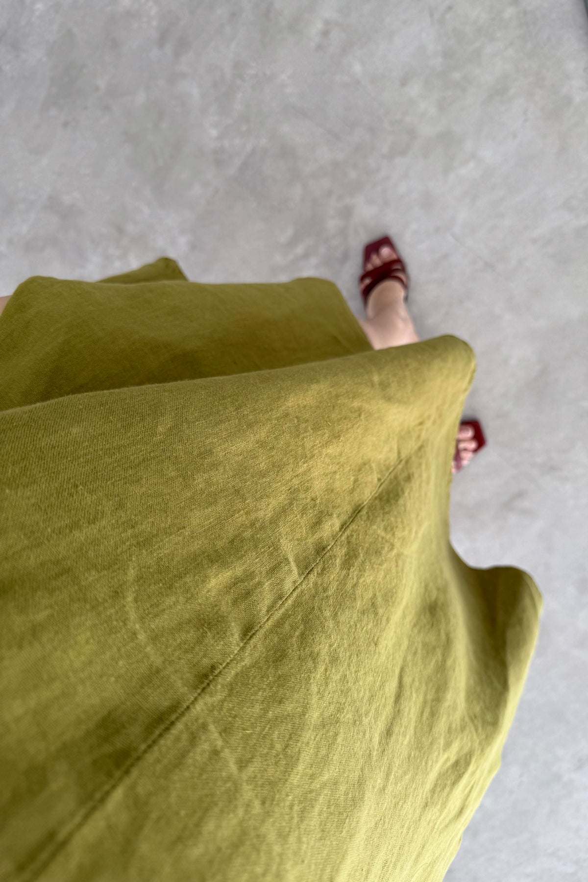 Premium Linen Keten Sıfır Kol Yağ Yeşili Elbise