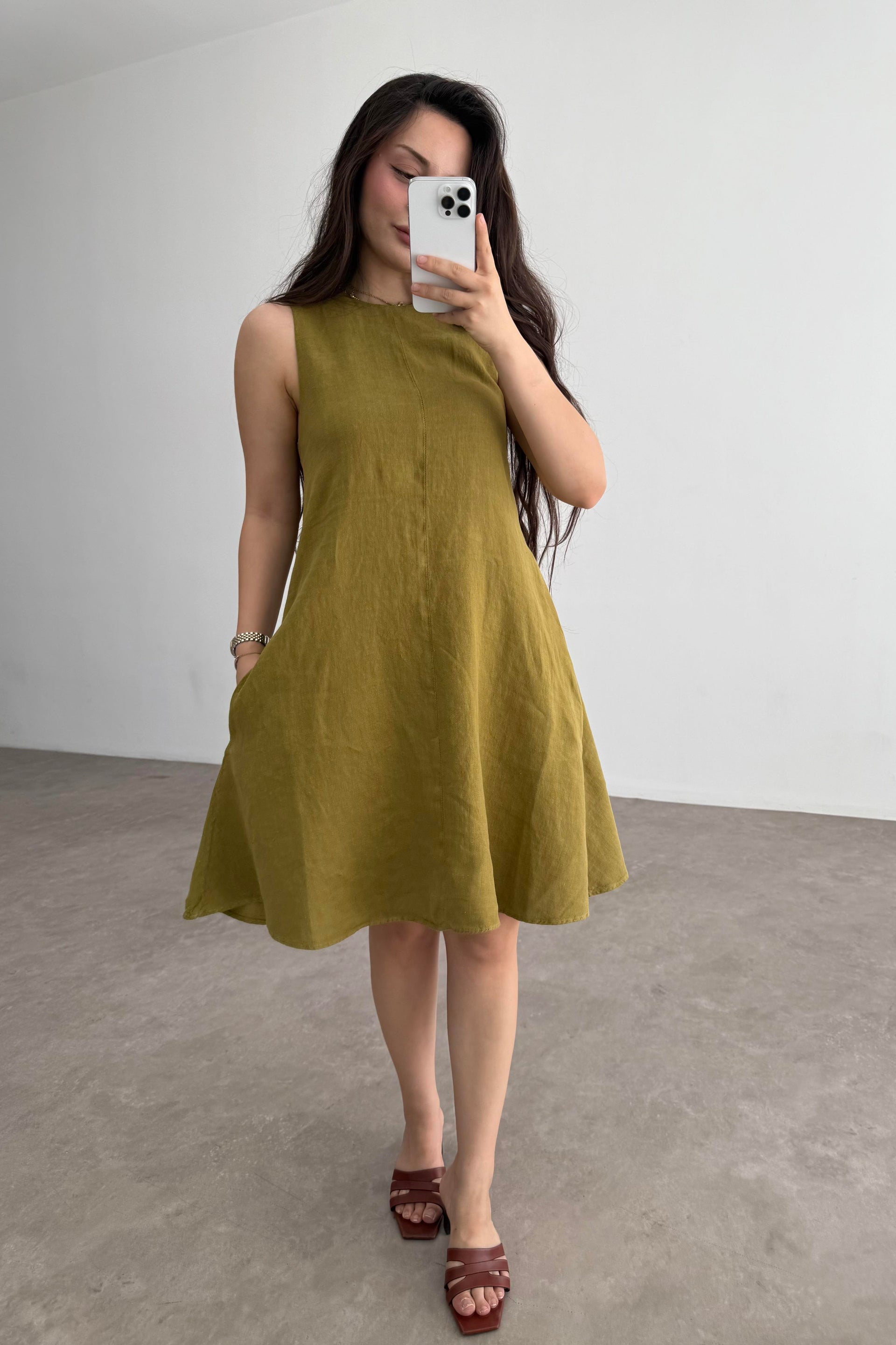 Premium Linen Keten Sıfır Kol Yağ Yeşili Elbise