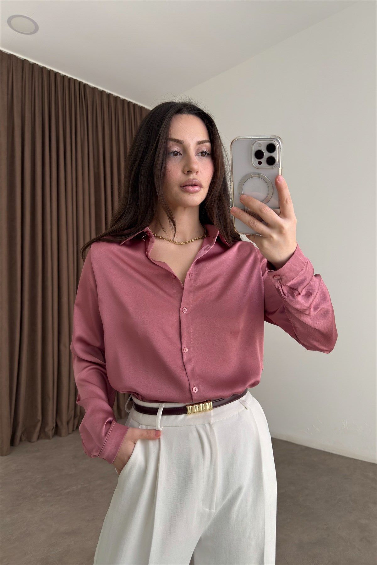 Premium Marsilya Gül Kurusu Saten Gömlek