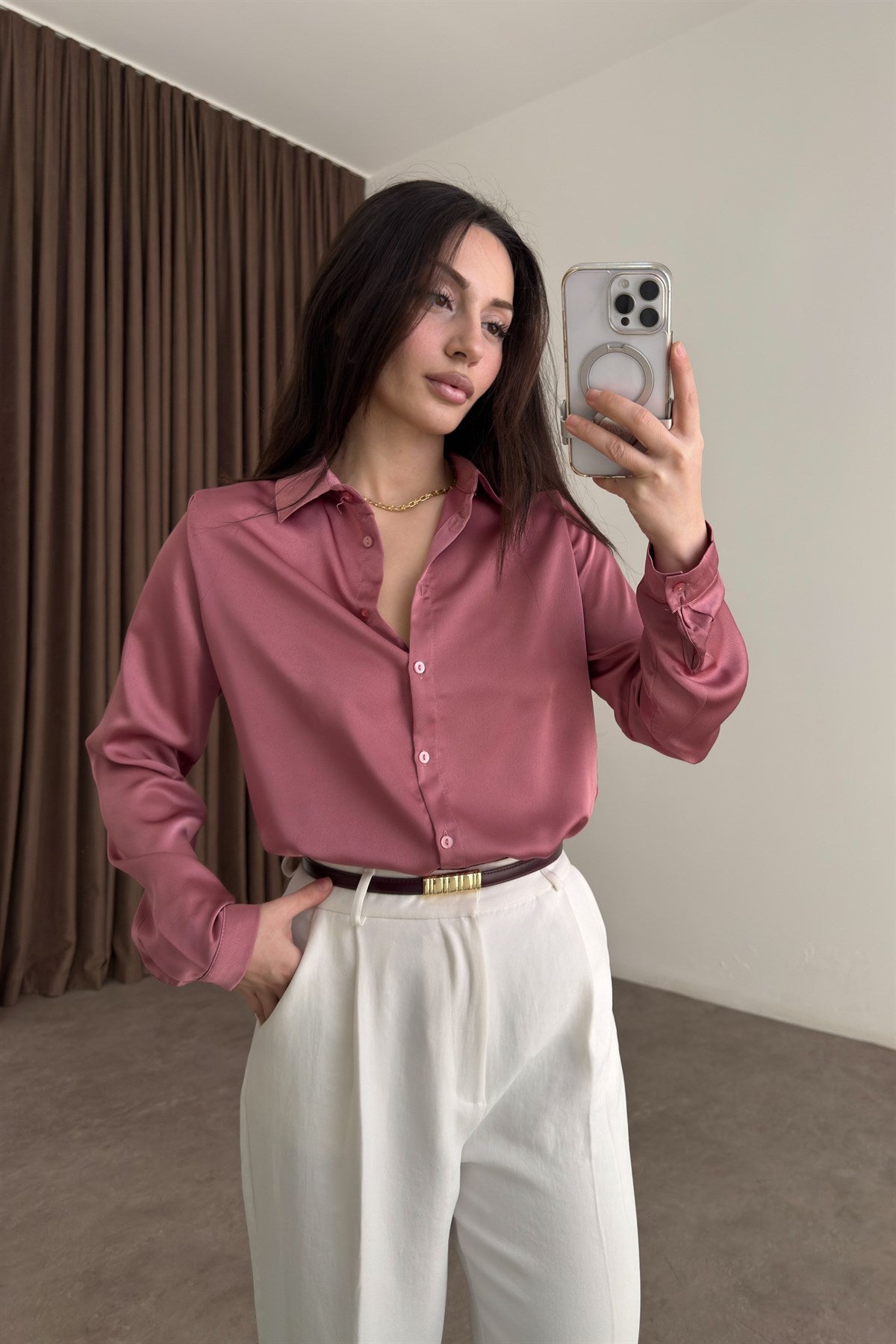 Premium Marsilya Gül Kurusu Saten Gömlek