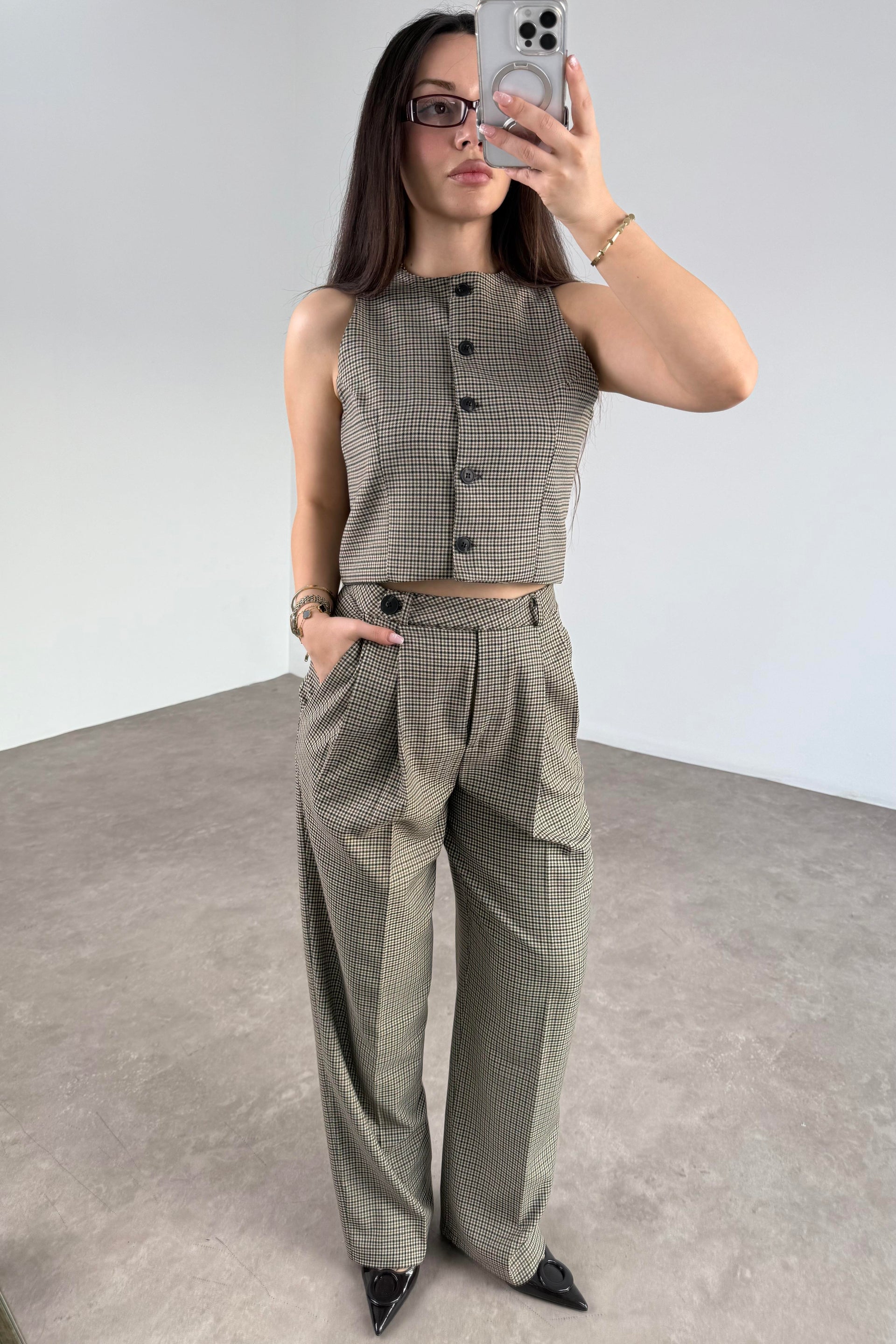 Premium Mini Kareli Yelek Pantolon Takım