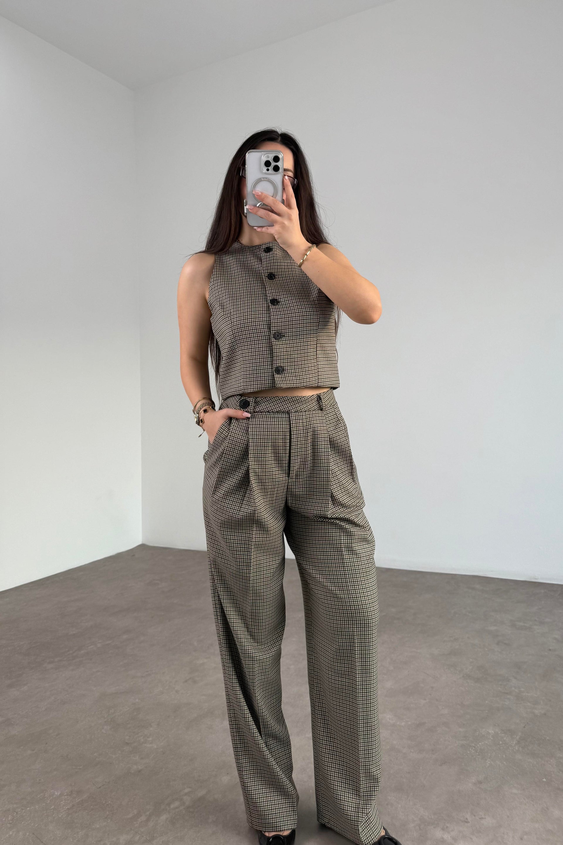 Premium Mini Kareli Yelek Pantolon Takım