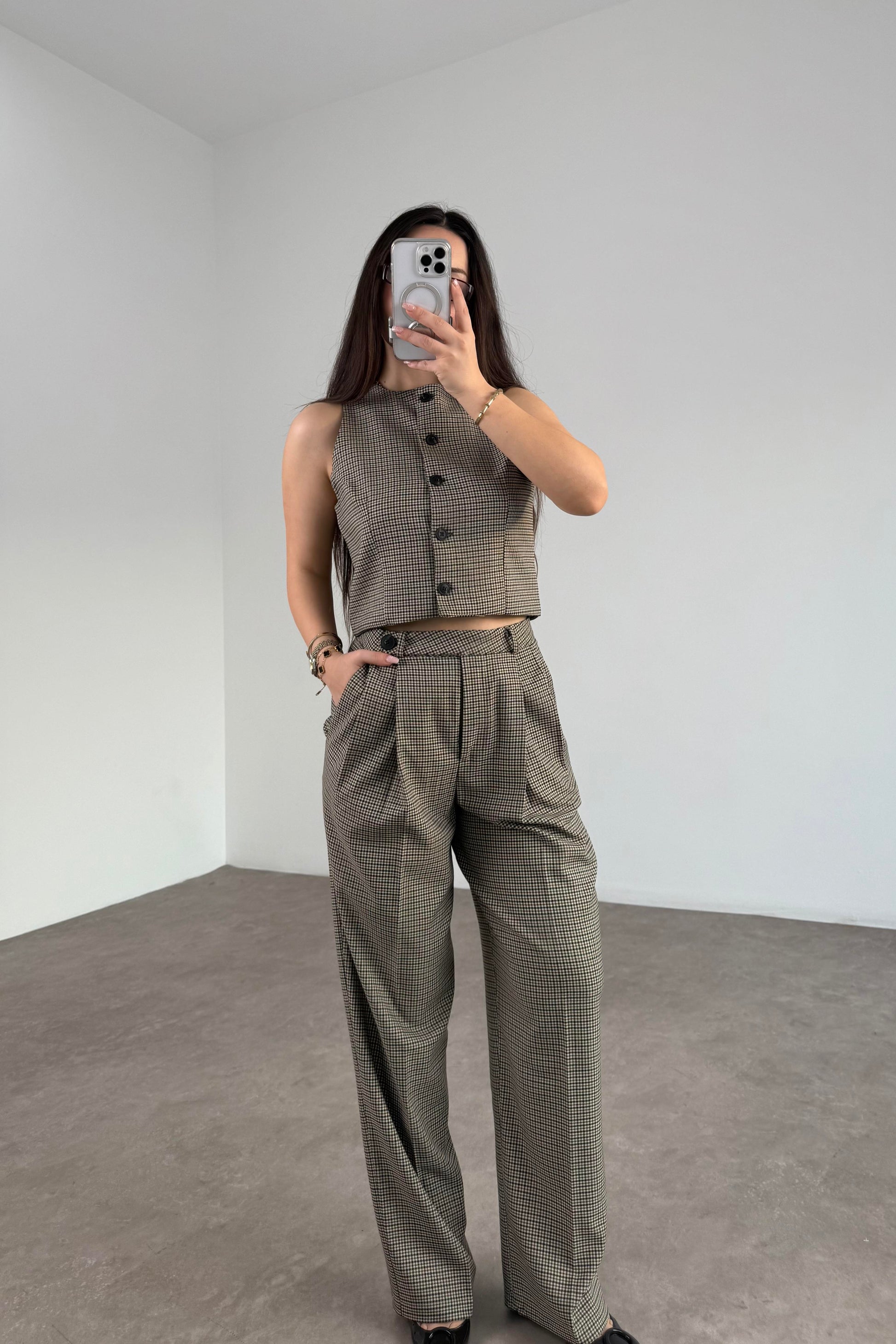 Premium Mini Kareli Yelek Pantolon Takım