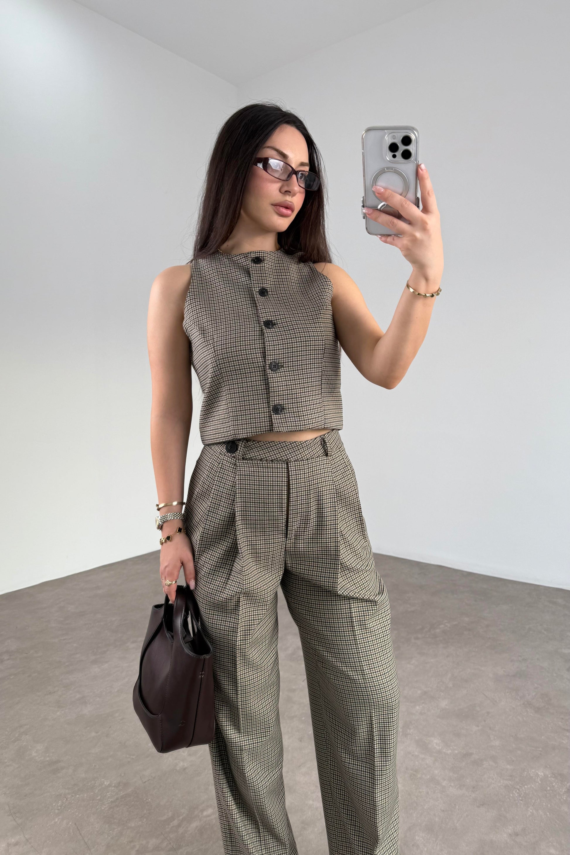 Premium Mini Kareli Yelek Pantolon Takım