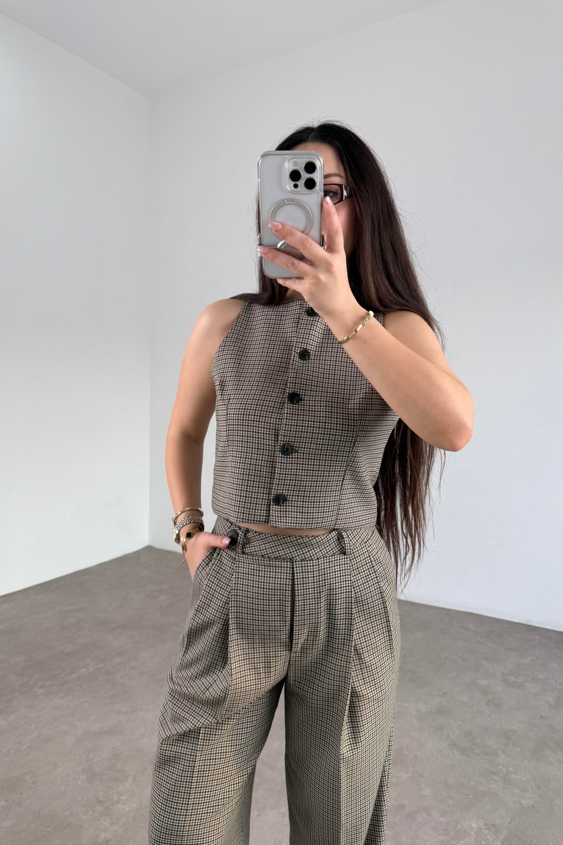 Premium Mini Kareli Yelek Pantolon Takım