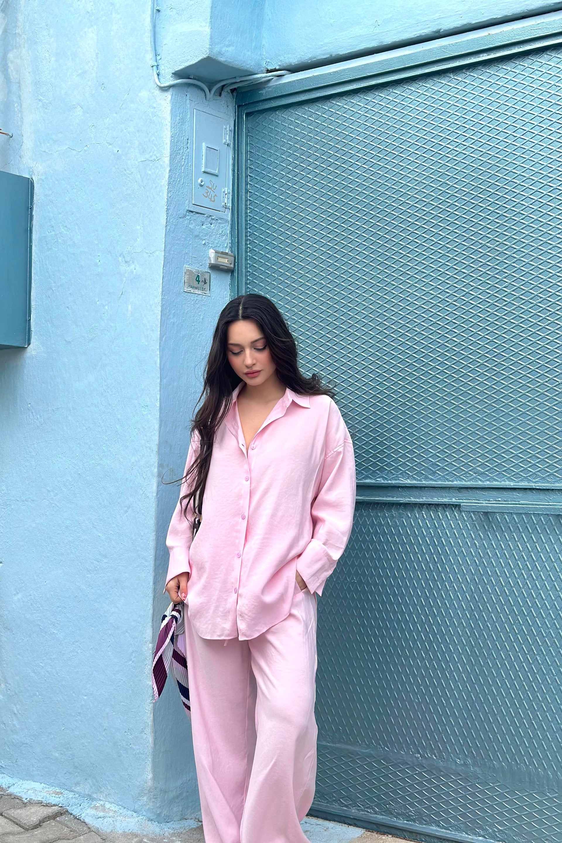 Premium Modal Gömlek Pantolon Takım Pembe