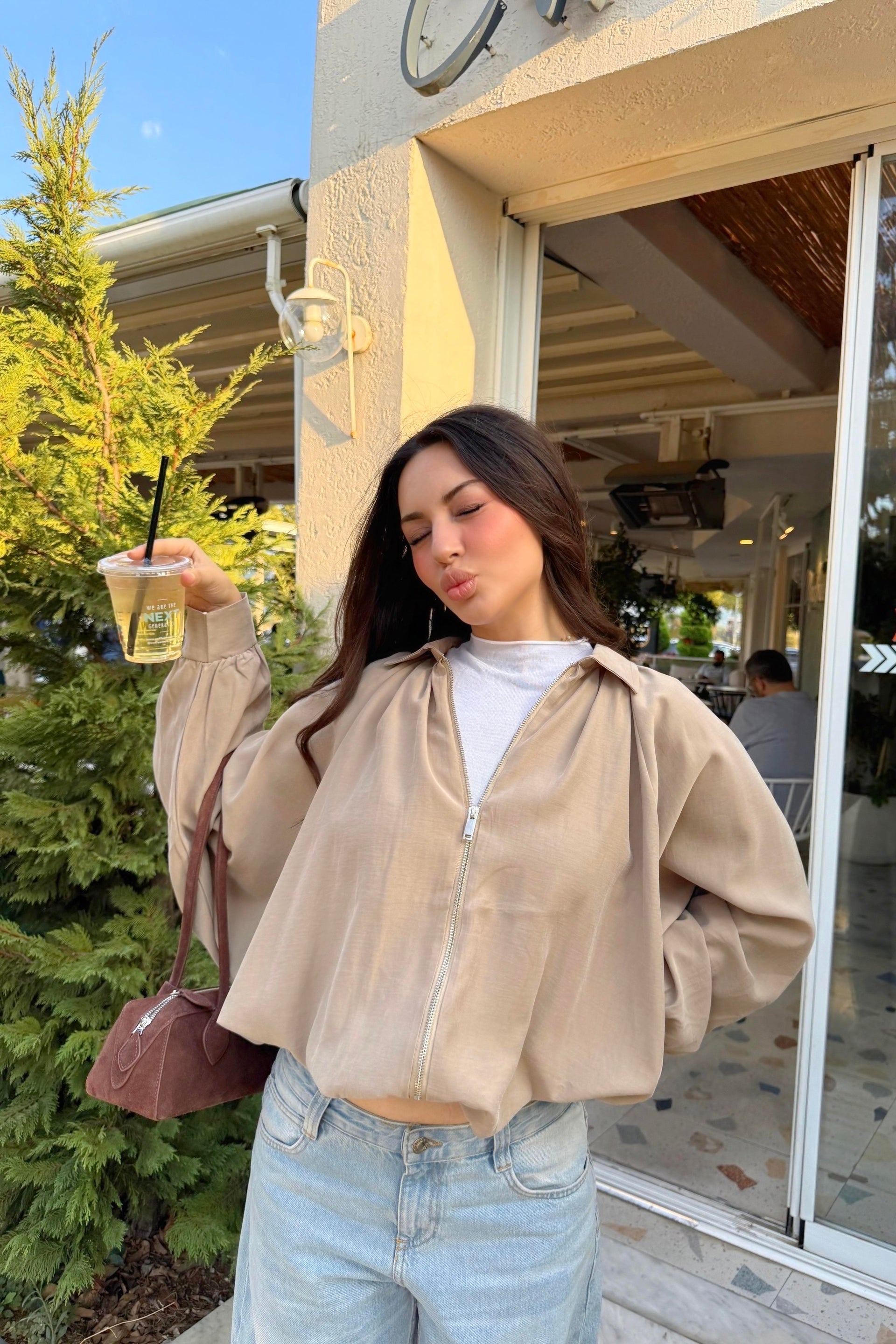 Premium Modal Yakalı Dökümlü Bomber Ceket