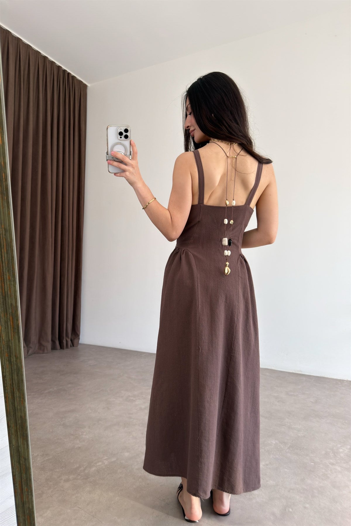 Premium Natural Kumaş Bağcıklı Kahve Elbise