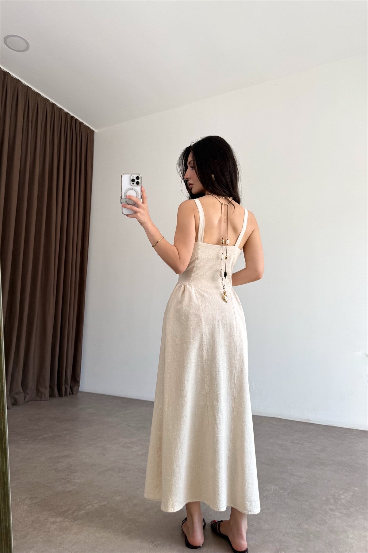 Premium Natural Kumaş Bej Bağcıklı Elbise