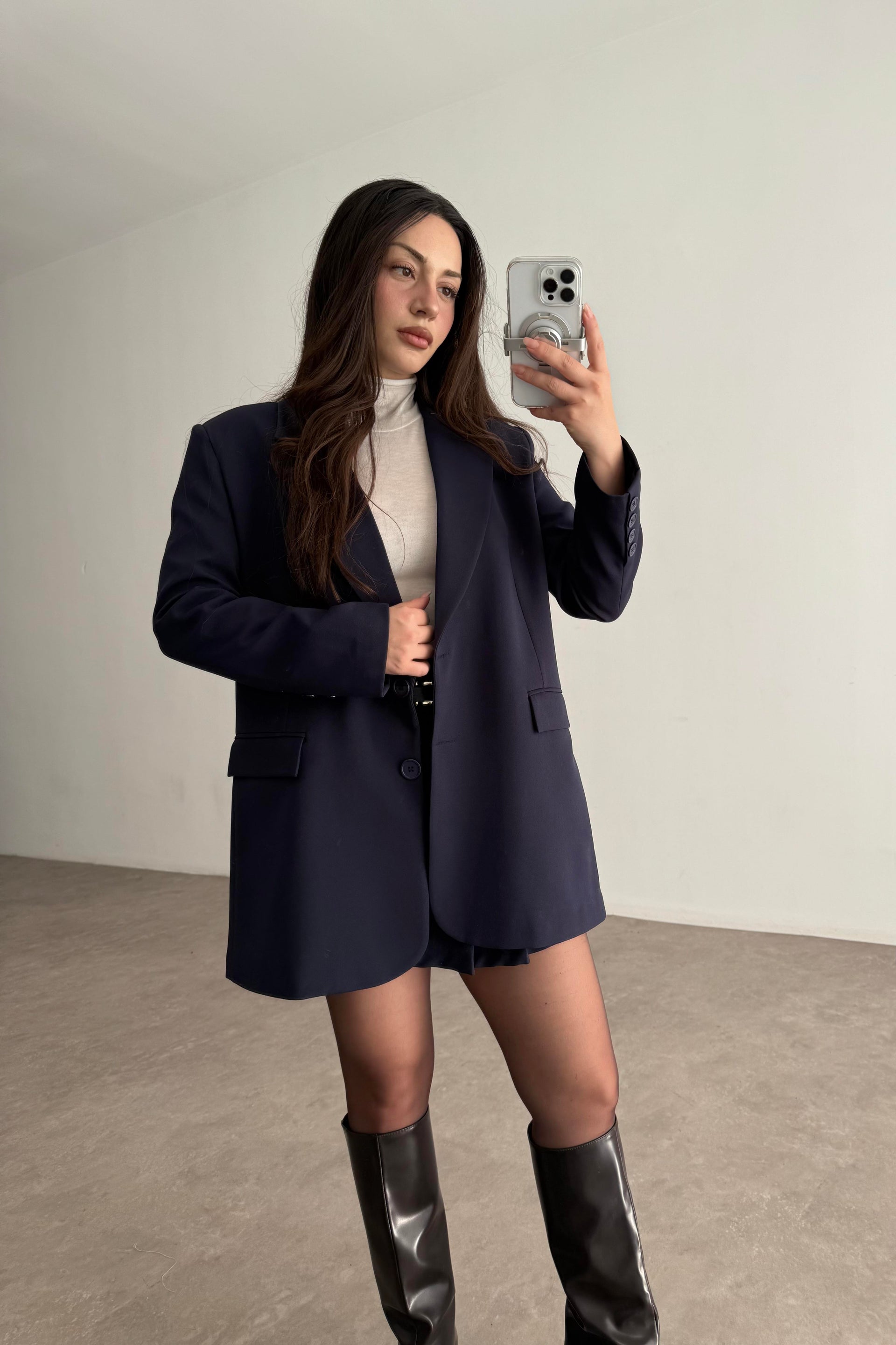 Premium Oversize Blazer Lacivert Etek Takım