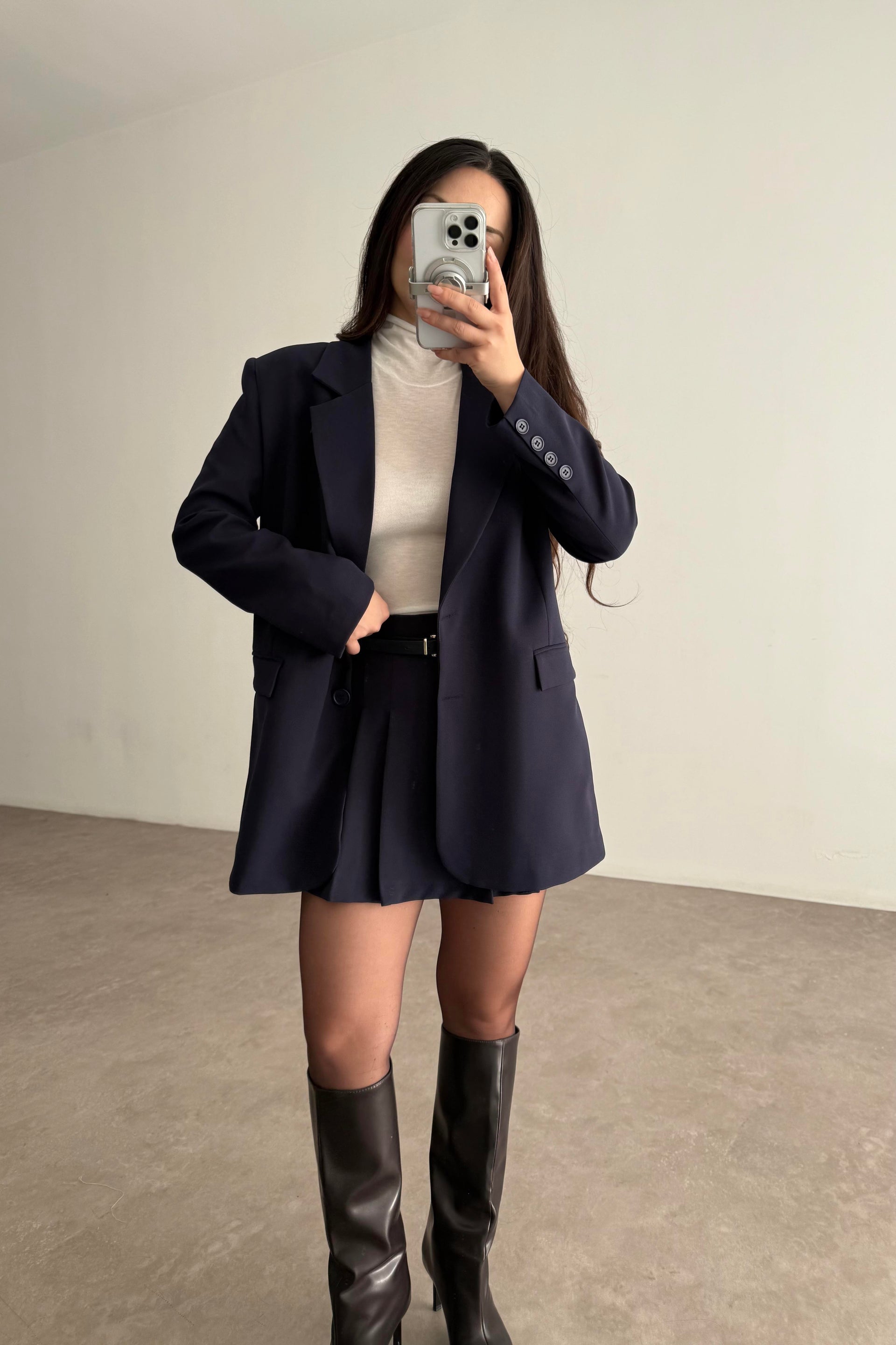 Premium Oversize Blazer Lacivert Etek Takım