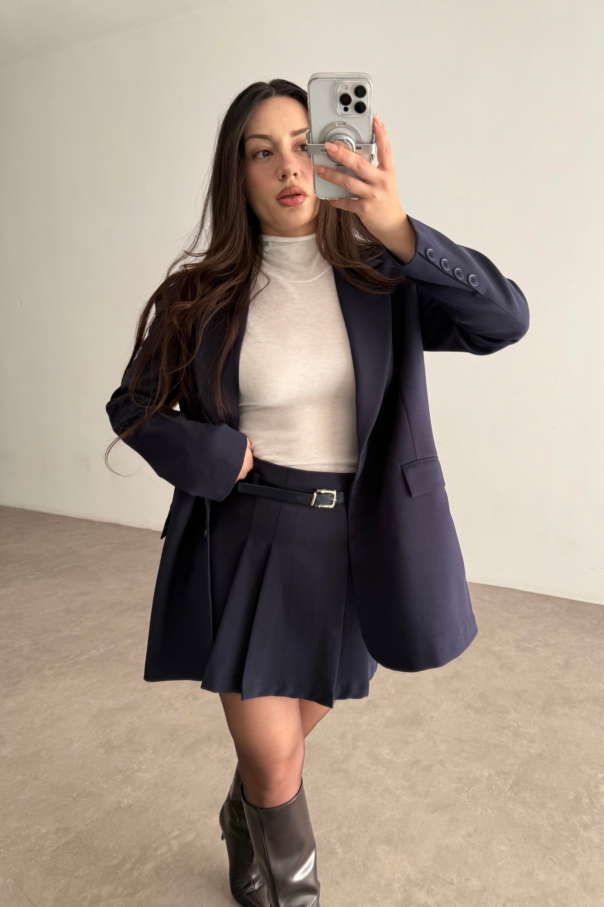 Premium Oversize Blazer Lacivert Etek Takım