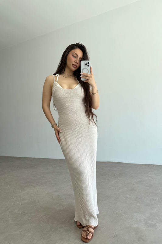 Premium Pamuk Örgü Natural Askılı Plaj Elbisesi